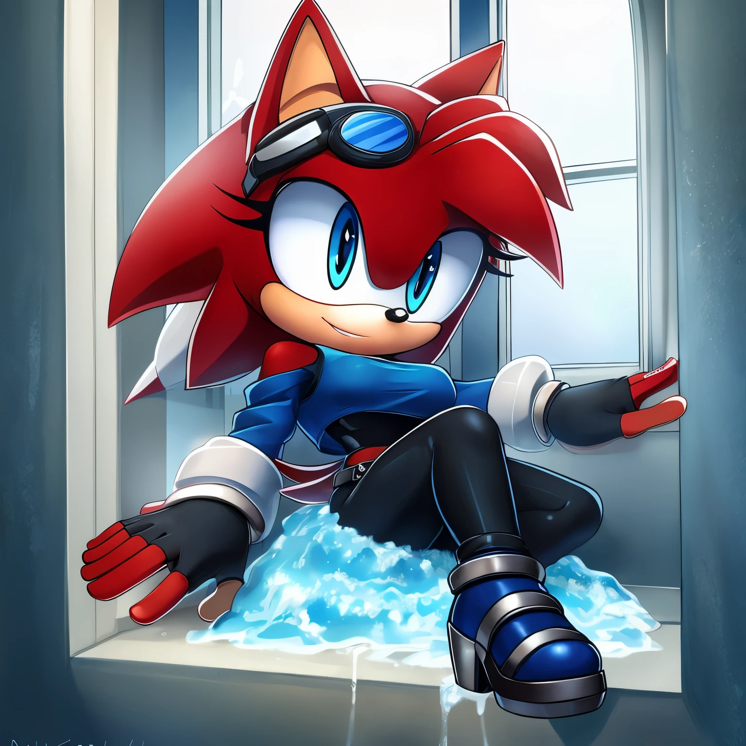 Female, Mobian, Hedgehog, crimson red fur, blue eyes, blue crop top with boob window, long black sleeves, fingerless blue gloves with black cuffs, blue tights, black waistband, blue heeled sonic soap shoes, black goggles with blue lenses, very long wavy quills, ((solo)), ((1girl))