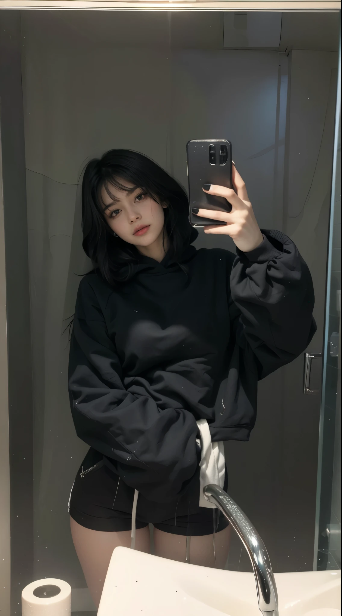 ((top-quality、8k、masterpiece:1.3))、Beautiful woman with perfect body:1.4、slim abdomen:1.2、Longhair, normal breast, Highly detailed facial and skin texture, A detailed eye, delicate eyes, double eyelid, (smile), (full body shot), ((living room)), (sitting on chair), (((wearing black hoodie)), looking in front