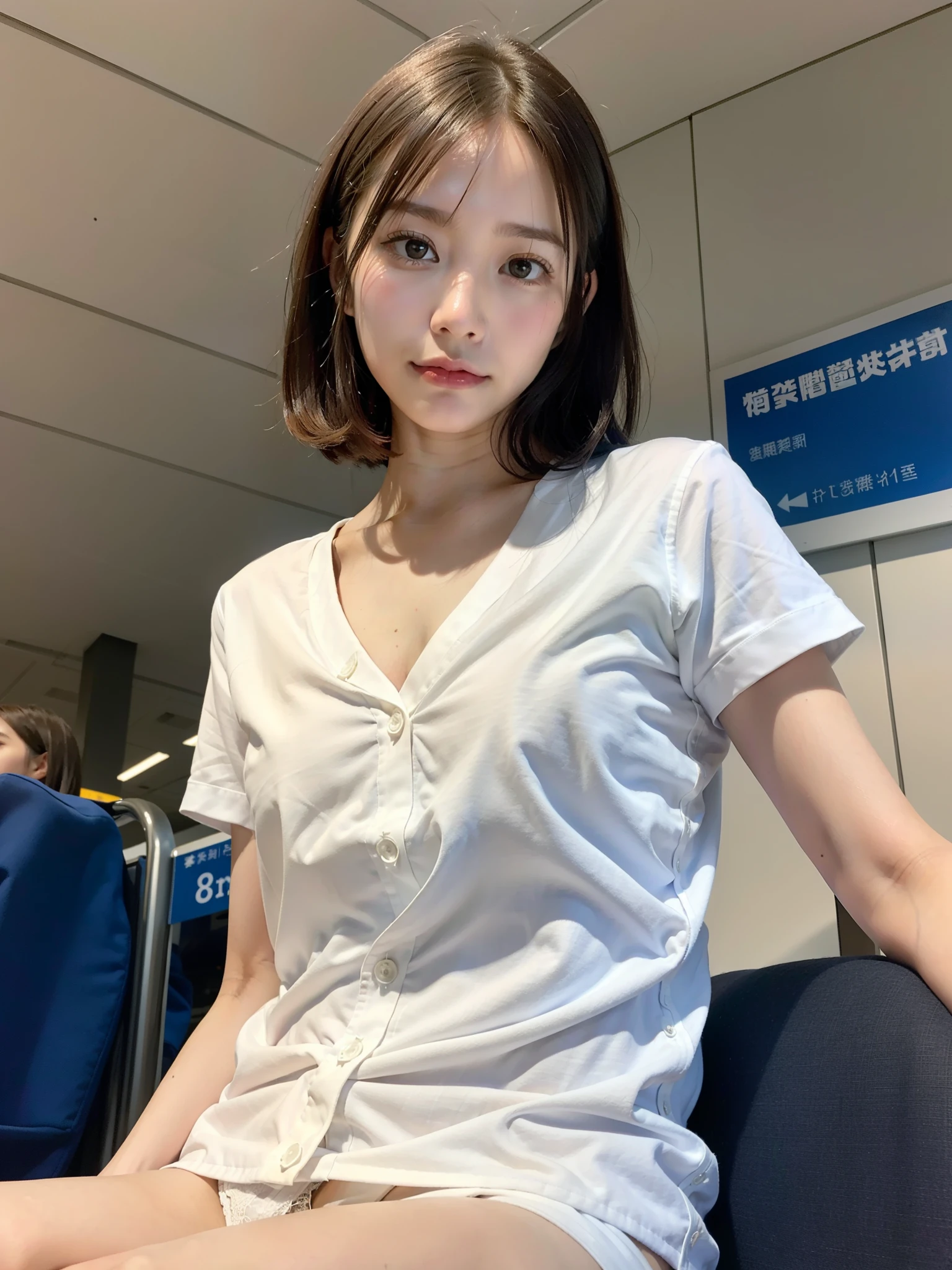 ((Best of the highest quality, 8k, Masterpiece: 1.3, raw photo)), Sharp focus: 1.2, (1 AESPA girl: 1.1), (Solo: 1.18), (realistic, photo-realistic:1.37), face focus, cute face, finely eyes, (Small breasts, flat chest, Thigh: 1.3), full nude, (white business shirt, no panties: 1.2), short messy hair, sitting, terminal, airport, (from below: 1.2)