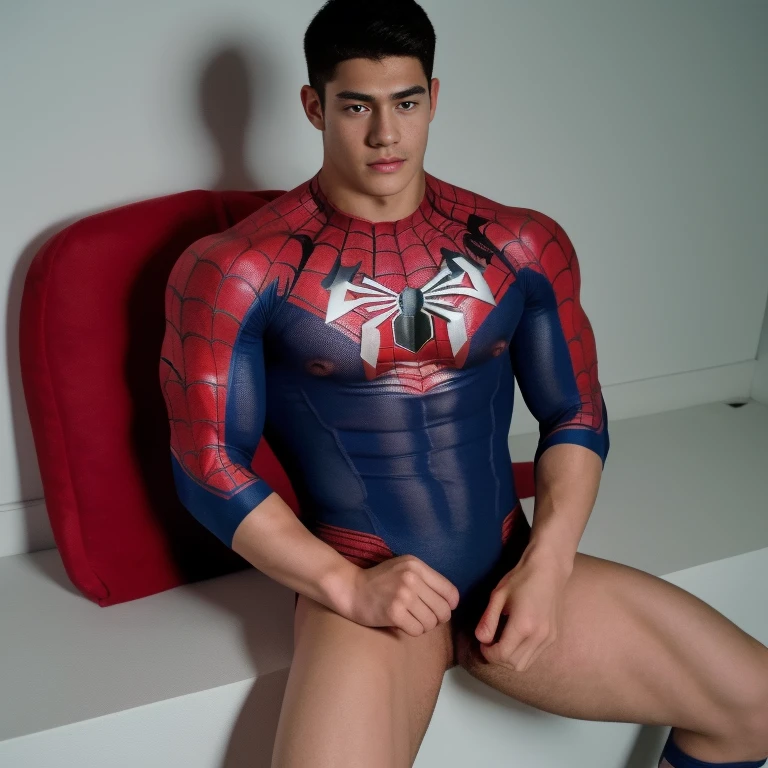 A (younscular mexican hero with Spider-man suit, big muscles. Very handsome teen. 16k resolution , ultra-high clarity , hyperrealism, uhd , sexy , nsfw , full length shot