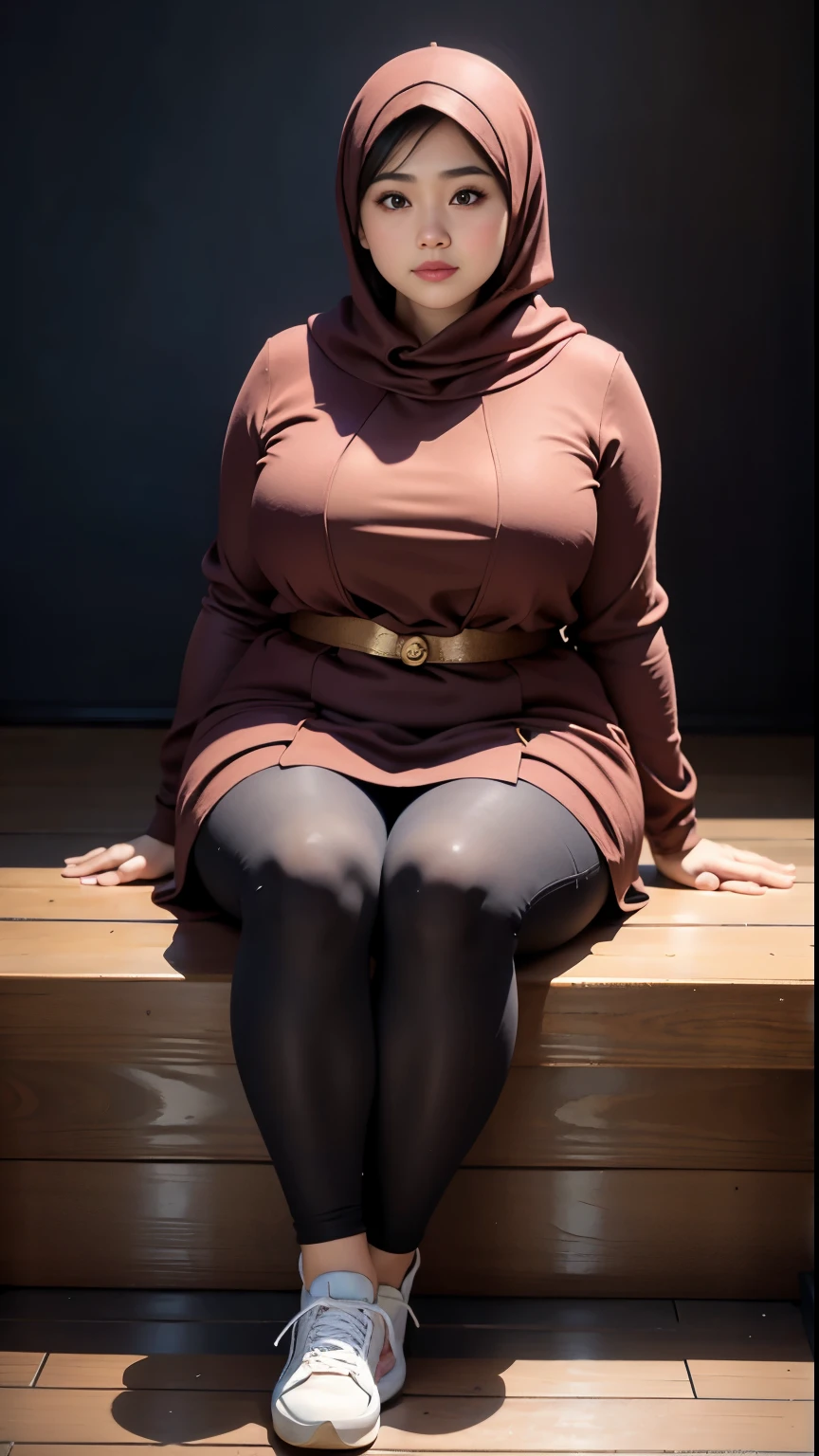 there is a woman sitting down with a longest brown hijab, bbwchan, thicc, brown hijab outfit, brown hijab fashion model, korean girl, korean woman, wearing brown robe, full length shot, alluring plus sized model, japanese goddess, clothed in hooded, voluptuous and arousing, portrait shot, curvy model, voluptuous body, wonderful, nene tanaka body , bbwchan, The overall atmosphere is smooth , haunting illustrations, extremely high-resolution details, photographic, realism pushed to extreme, fine texture, 4k, ultra-detailed, high quality, high contrast, red sneakers