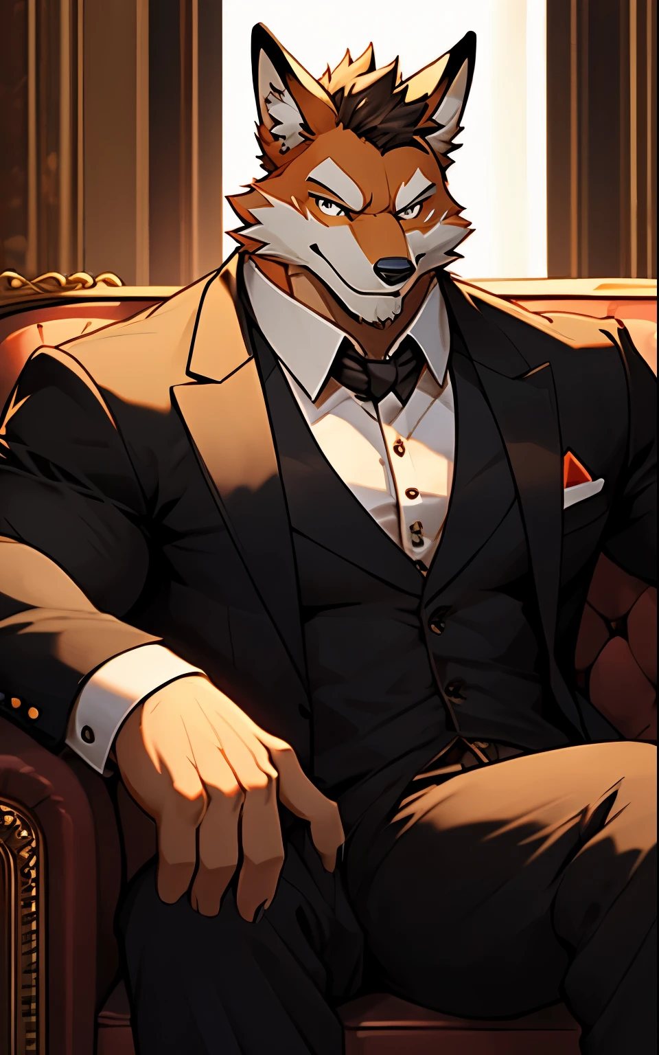 Fox, good looking, male, anthro, mafia suit, gun, sitting on couch, ultradetailed, perfect illumination, smiling, muscular, solo, bareness, rippling muscles, muscles, seductive, looking at viewer,