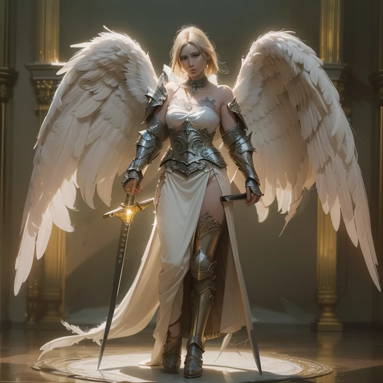 (Numerous award-winning masterpieces, with incredible detail, textures and maximum detail), (full-body standing image:1.8), (upper body up:0.3), (hyper realistic:1.4), (realistic:1.3), (best quality real texture skin), (The Celestial Warrior Angel of the Lord: 1.6), (Holds the hilt of a sacred straight sword with elaborate decoration that emits a mysterious glow: 1.9), (finely detailed true circle Symmetrical eyes), (finely drawn beautiful face), (Angel ring of divine radiance floating overhead: 1.8), ((medieval world)), (Full-body armor with delicate decorations that gives off a divine shine:1.8), (full-body standing image:1.8), (Beautiful but stern eyes), (Smiling with a sad smile), (Sad-colored eyes full of compassion), (Shining majestic cloud masses and sky:1.4), (halo optical phenomenon:1.3), (Sacred armor that covers the whole body: 1.6), (Holding Holy Weapon: 1.6), Dramatic Light, majestic sight, (Large wings with pure white feathers behind the shoulders:1.7), (((Folded wings))), Glass earrings on the ears, (((dramatic photo))), (full-body standing image:1.8), (Sacred Pose), (golden hair), (silver hair), (chestnut hair), Short cut hair, ((looks up)), ((looking down)), (Around her neck is a simple necklace of exquisite workmanship), Old ruins infested with plants, great temple, great cathedral, temple ruins, detached temple, (Luminous magic circle), Ruins of an ancient castle, Deserted ruins, crumbling ruins, Ancient ruins with clear water, highly detailed, ultra-realistic, intricate details, painting (artwork), ((masterpiece,best quality)), ((cinematic light)), hyper realistic, fearsome, dark fantasy, Sacred Light, epic realistic, faded, ((neutral colors)), art, (hdr:1.5), (muted colors:1.2), hyper detailed, (art station:1.5), cinematic, warm lights, light effect, dramatic light, (intricate details:1.1), complex background, (Greg rutkowski:0.8), (teal and orange:0.4),