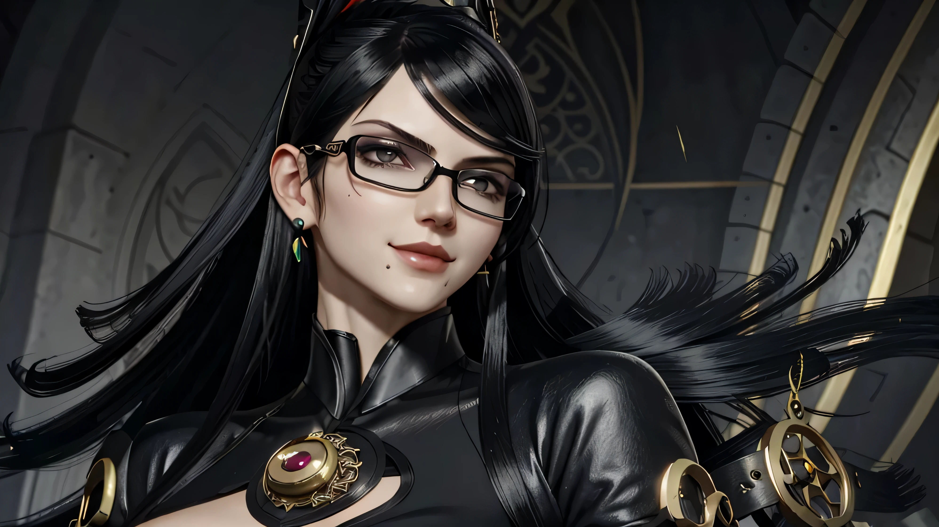 Bayo, bayonetta, 1 girl, alone, mole under mouth, Glasses, black hair, mole, jewelry, compensate, earrings, smile, eye shadow, portrait, long hair, lips, lipstick, gray eyes
