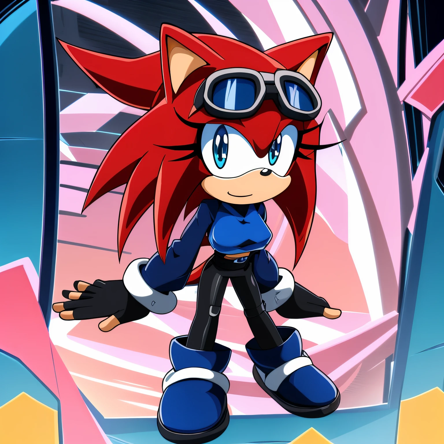 Female, Mobian, Hedgehog, crimson red fur, blue eyes, blue crop top with boob window, long black sleeves, fingerless blue gloves with black cuffs, blue tights, black waistband, blue heeled sonic soap shoes, black goggles with blue lenses, ((very long wavy quills)), ((solo)), ((1girl)), (((2D Anime Style)))