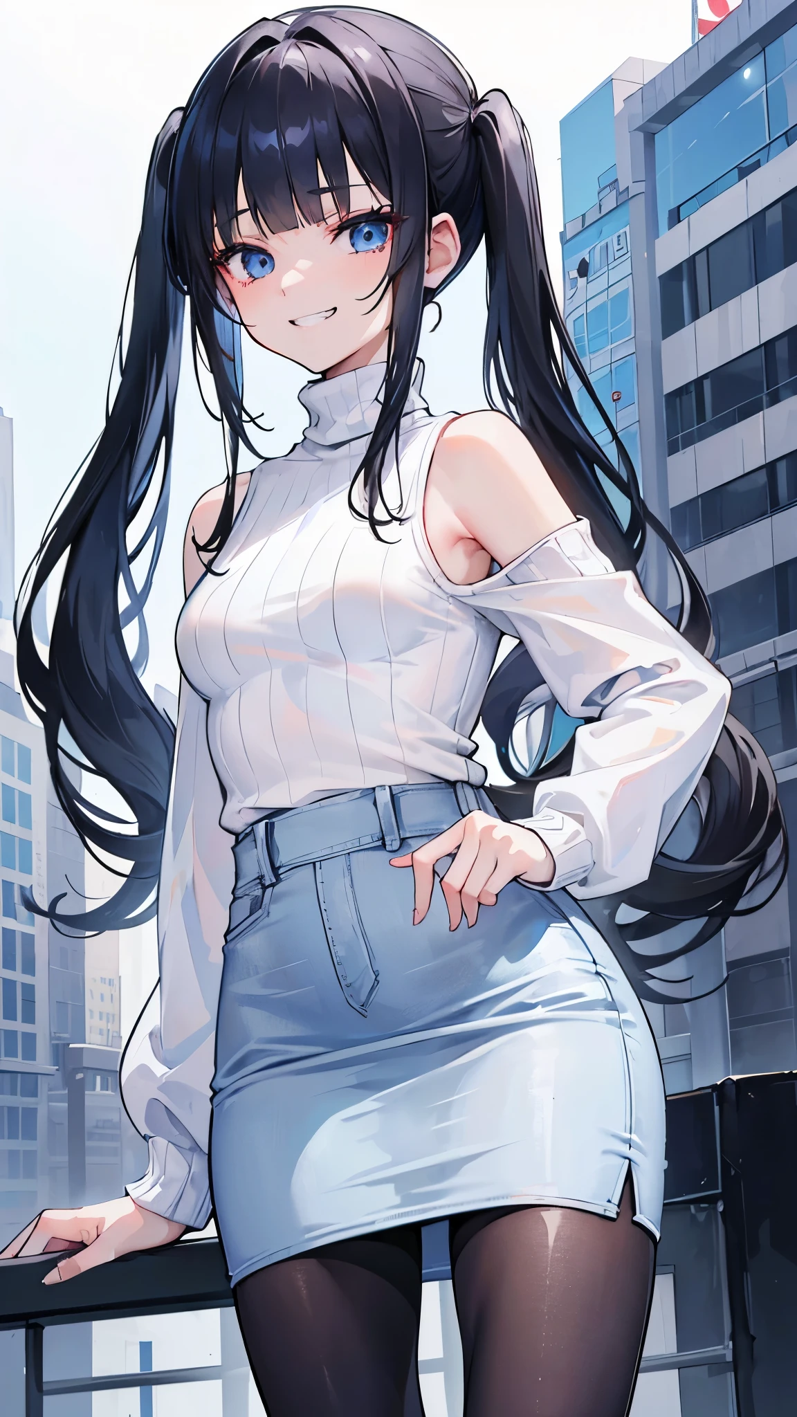 (8K、Highest image quality、highest quality、masterpiece)、detailed face、1 girl、black hair、Length to shoulder、twintails、blunt bangs、light blue eyes、evil smile、((grin))、tooth、small breasts、((White turtleneck knit))、((denim pencil skirt))、black pantyhose、look back、Take from below、city background
