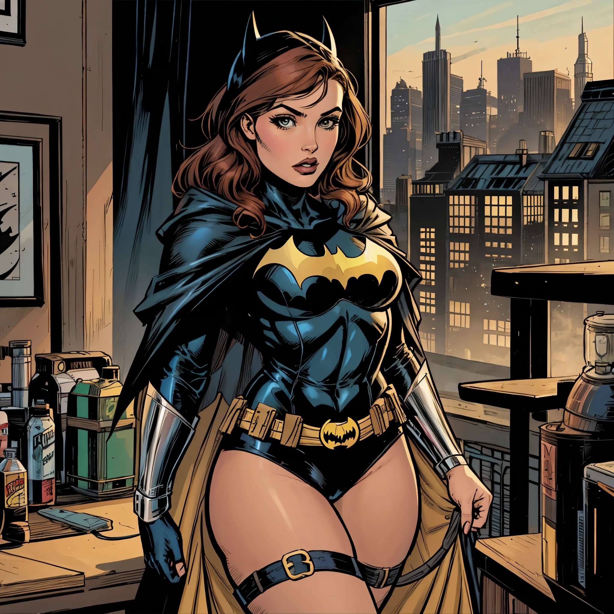 Close-up of a woman in a Batman costume, standing in the room, Batgirl, Dinah Drake, karen gillan Batgirl, maika monroe Batgirl, bat, Anigirl Batman, in the Batman comics, Chris Moore. Artgerm, zenoscope, ivy, in the Batman comic, beautiful comic, J. Scott Campbell, comic book character, J Scott Campbell