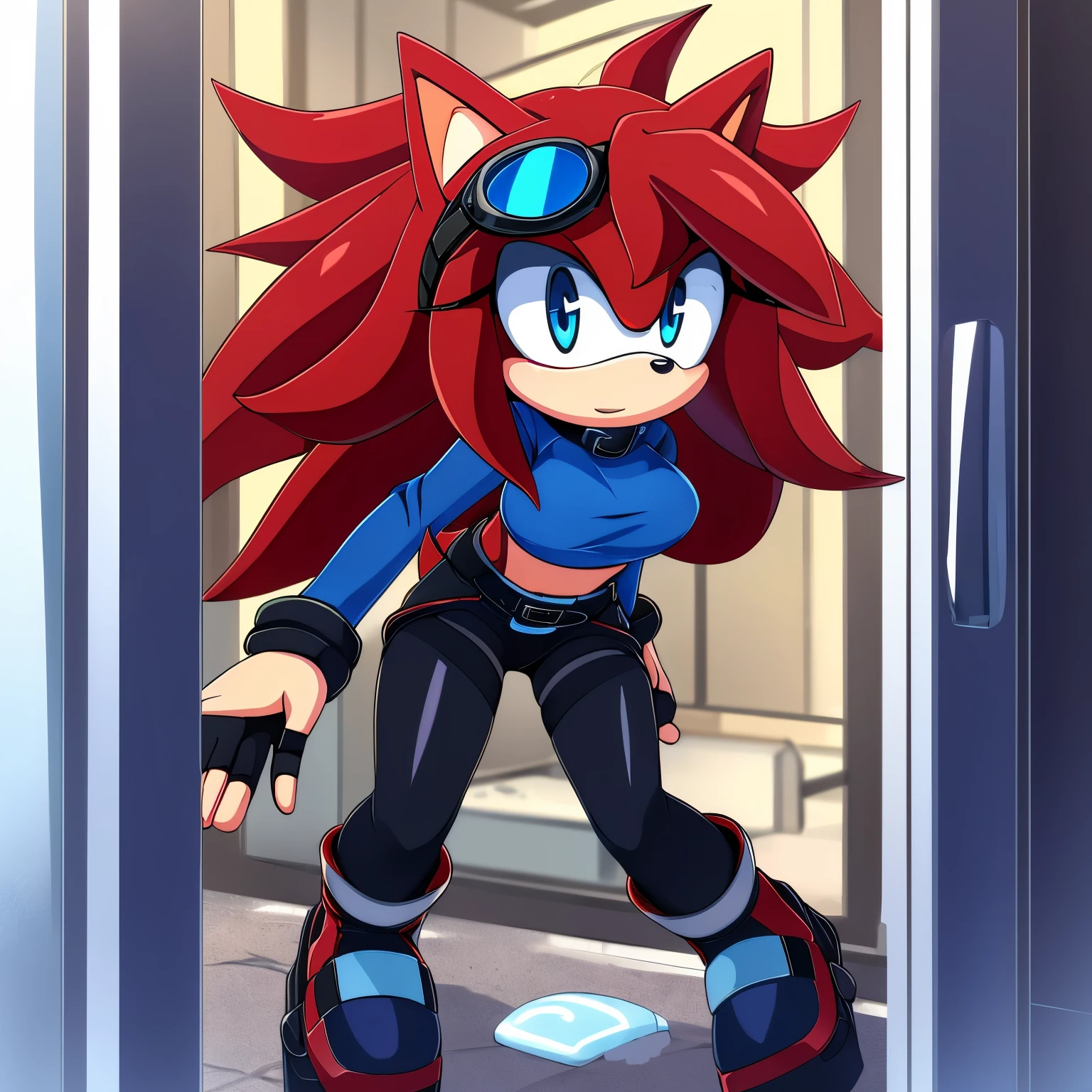 Female, Mobian, Hedgehog, crimson red fur, blue eyes, blue crop top with boob window/key hole, long black sleeves, fingerless blue gloves with black cuffs, blue tights, black waistband, blue heeled sonic soap shoes, black goggles with blue lenses, ((very long wavy quills/hair)), ((solo)), ((1girl)), (2D Anime Style)
