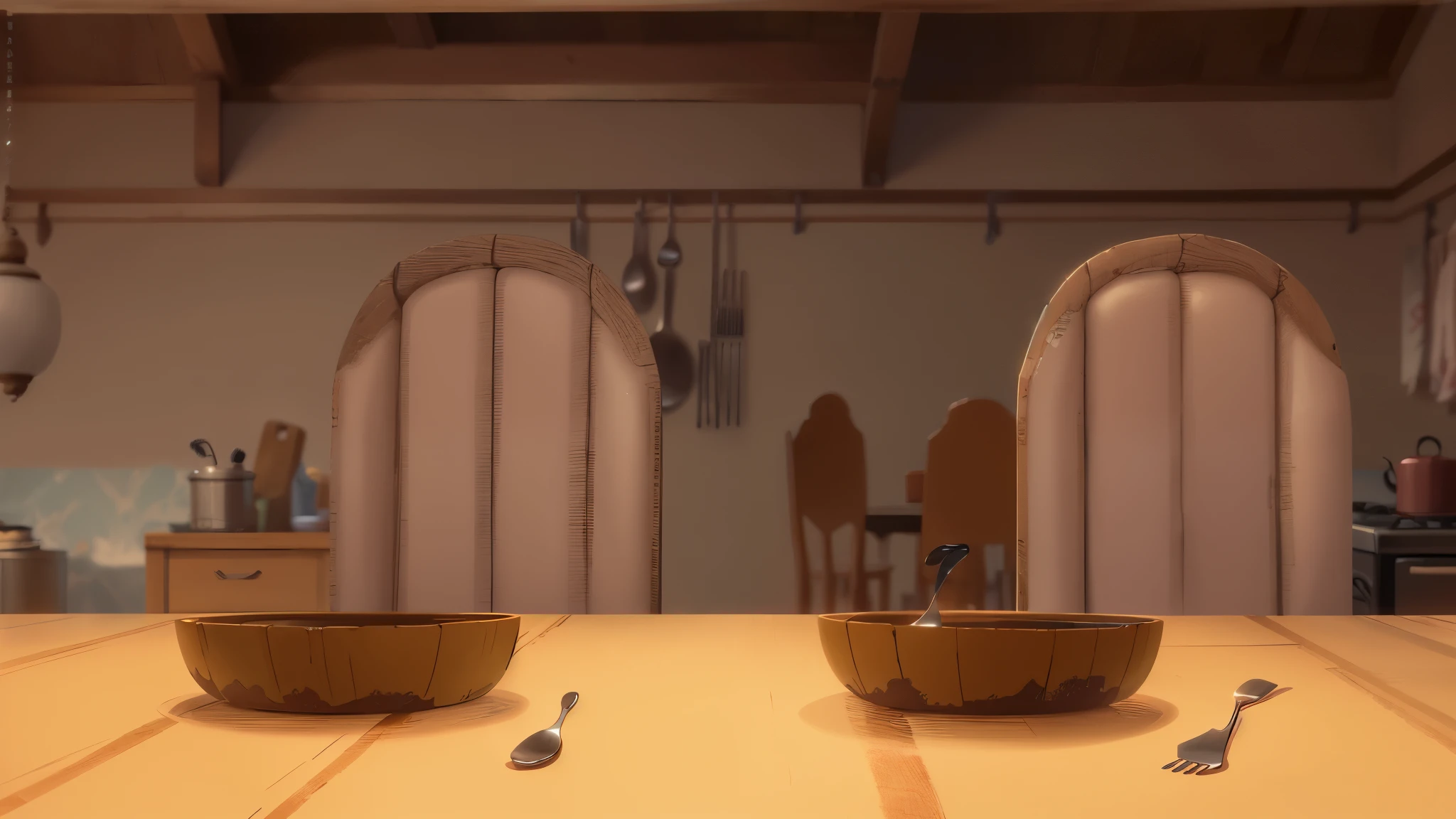 anime style, anime background, there are two bowls and spoons in the kitchen with a lot of utensils, two chair, two wooden chair, animated film still, animation still screencap, cut-scene, animation still, establishing shot, screenshot from the game, animated still, old kitchen backdrop, random background scene, videogame still, screenshot from game, concept art, concept art, animated movie shot, 2 d game environment design