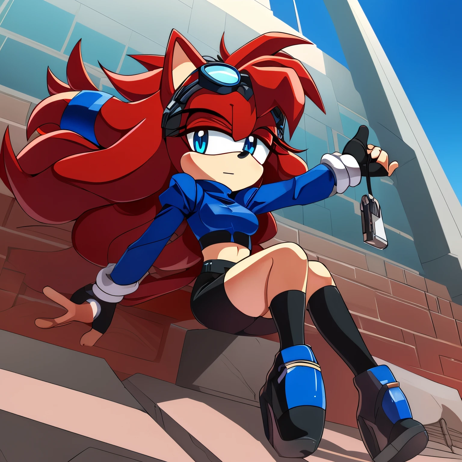 Female, Mobian, Hedgehog, crimson red fur, blue eyes, blue crop top with boob window/key hole, long black sleeves, fingerless blue gloves with black cuffs, blue tights, black waistband, blue heeled sonic soap shoes, black goggles with blue lenses, ((very long wavy quills/hair)), ((solo)), ((1girl)), (2D Anime Style)
