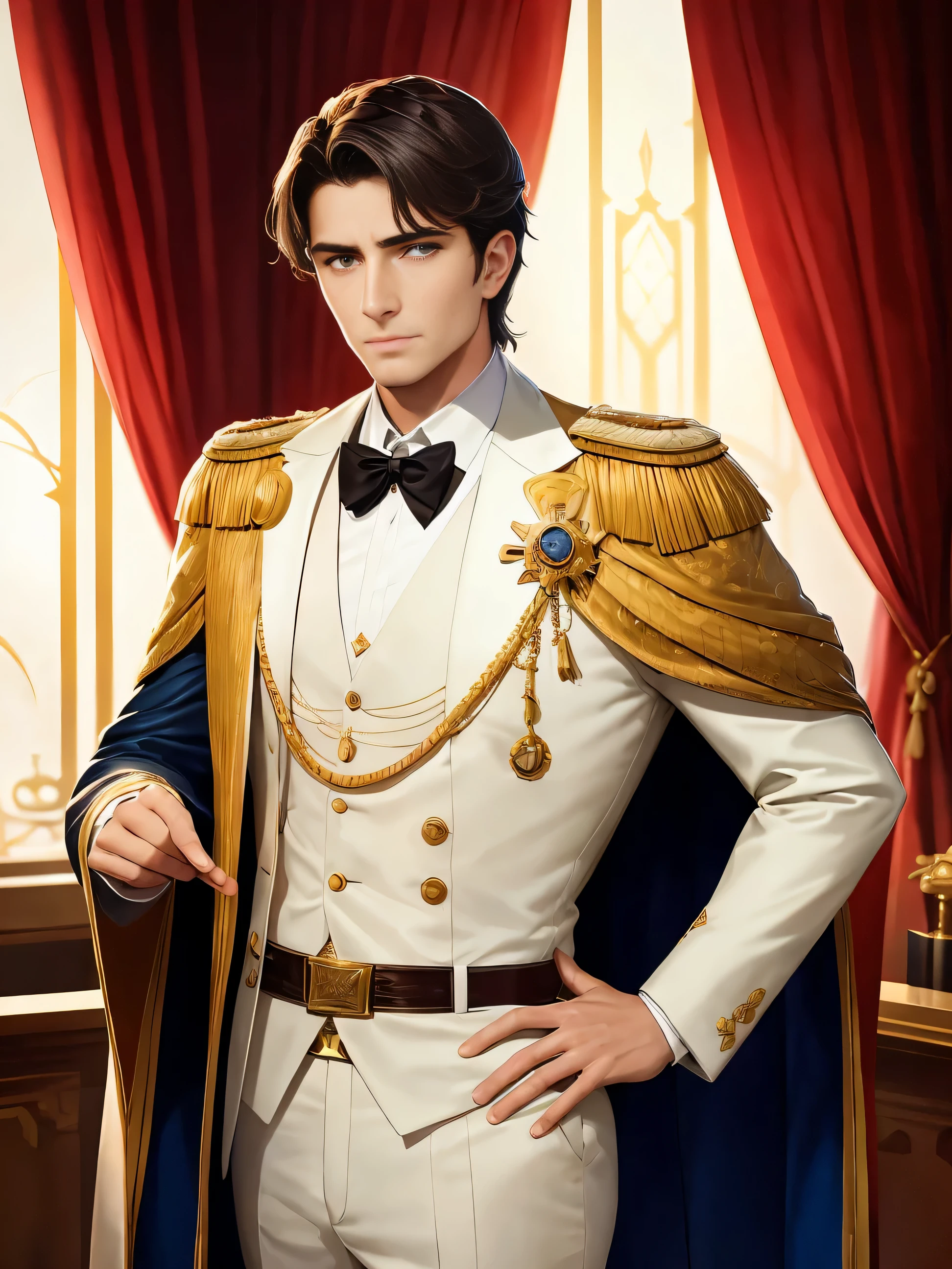 Reincarnation of Roman Emperor Constantine the Great, The reincarnation of Emperor Constantine of Rome. A man at the helm of a global luxury hotel resort group. Dressed in formal attire, with soft hair and eyes as bright and sharp as a lion's gaze. His gaze is intense, his neck thick, and his shoulders broad and powerful. He exudes strength, yet possesses a gentle smile. He is sincere and kind, diligent and capable, and though he appears mild-mannered, he harbors a dangerous ambition. When necessary, he can be ruthless and unforgiving. Stylish and elegant, set against the backdrop of Varna, Bulgaria. In a seaside villa, he pores over documents. He exudes maturity and composure, sophistication and opulence, sweetness and elegance. Graceful and refined, modern and stunning, vivid and delicate. A masterpiece of ultra-high quality, resolution, and precision.