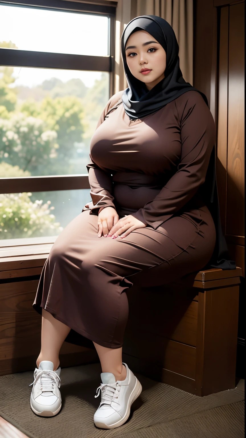 there is a woman sitting down with a longest brown hijab, bbwchan, thicc, brown hijab outfit, brown hijab fashion model, korean girl, korean woman, wearing brown robe, full length shot, alluring plus sized model, japanese goddess, clothed in hooded, voluptuous and arousing, portrait shot, curvy model, voluptuous body, wonderful, nene tanaka body , bbwchan, The overall atmosphere is smooth , haunting illustrations, extremely high-resolution details, photographic, realism pushed to extreme, fine texture, 4k, ultra-detailed, high quality, high contrast, red sneakers 