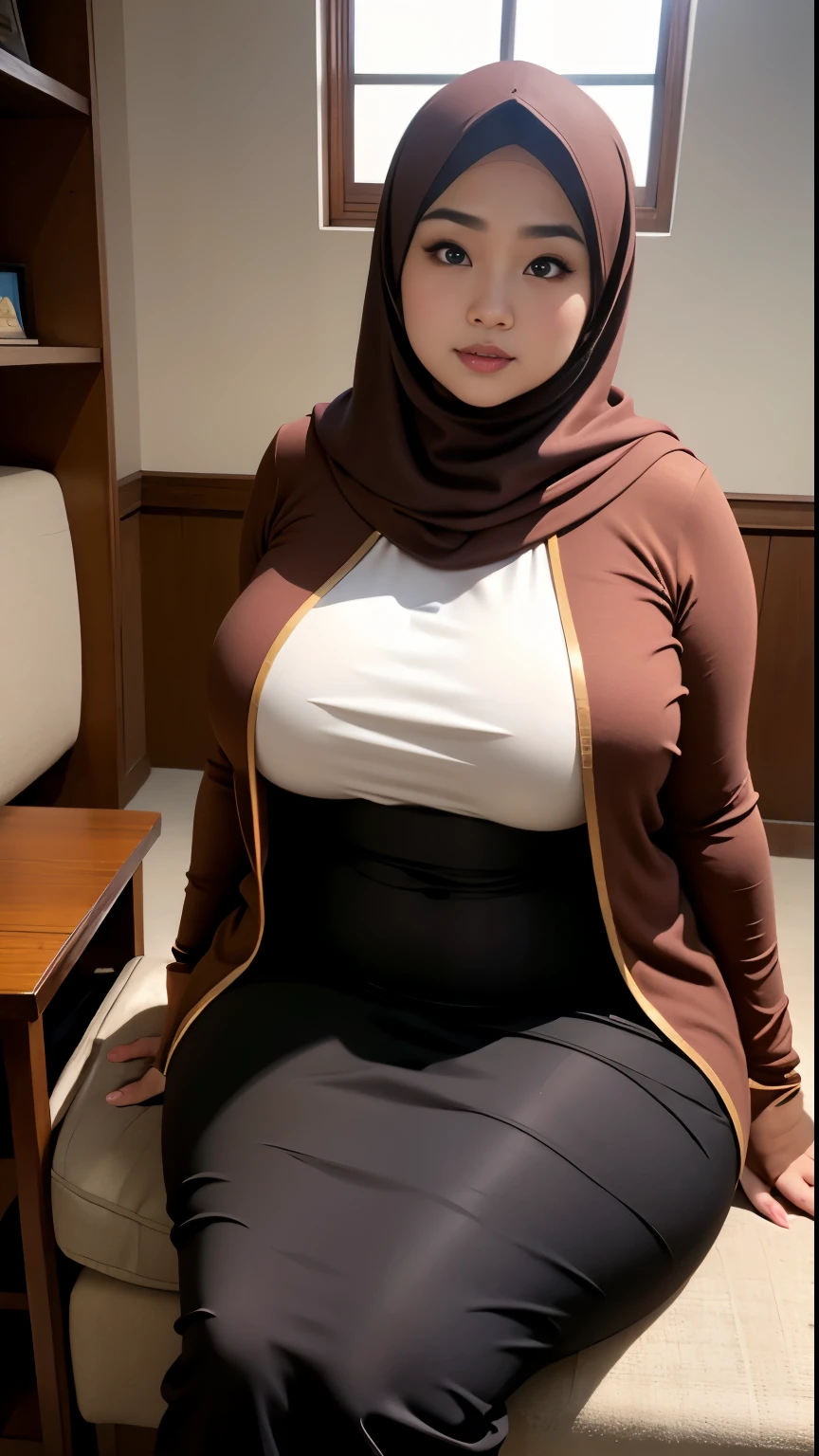 there is a woman sitting down with a longest brown hijab, bbwchan, thicc, brown hijab outfit, brown hijab fashion model, korean girl, korean woman, wearing brown robe, full length shot, alluring plus sized model, japanese goddess, clothed in hooded, voluptuous and arousing, portrait shot, curvy model, voluptuous body, wonderful, nene tanaka body , bbwchan, The overall atmosphere is smooth , haunting illustrations, extremely high-resolution details, photographic, realism pushed to extreme, fine texture, 4k, ultra-detailed, high quality, high contrast, red sneakers 