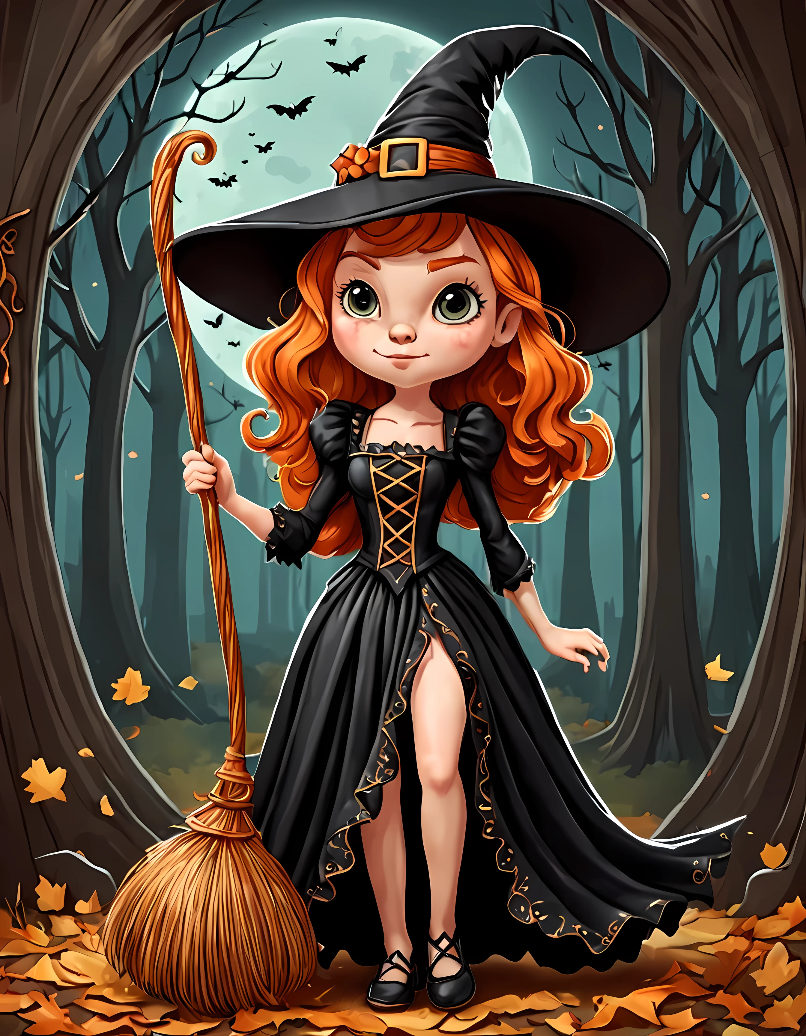 (Cute cartoon style:1.4), masterpiece in maximum 16K resolution, a pretty ginger witch wearing an (extravagant) dress. | Holding an ((elegant polished)) broomstick. | Detailed gothic background. | ((More_Detail))