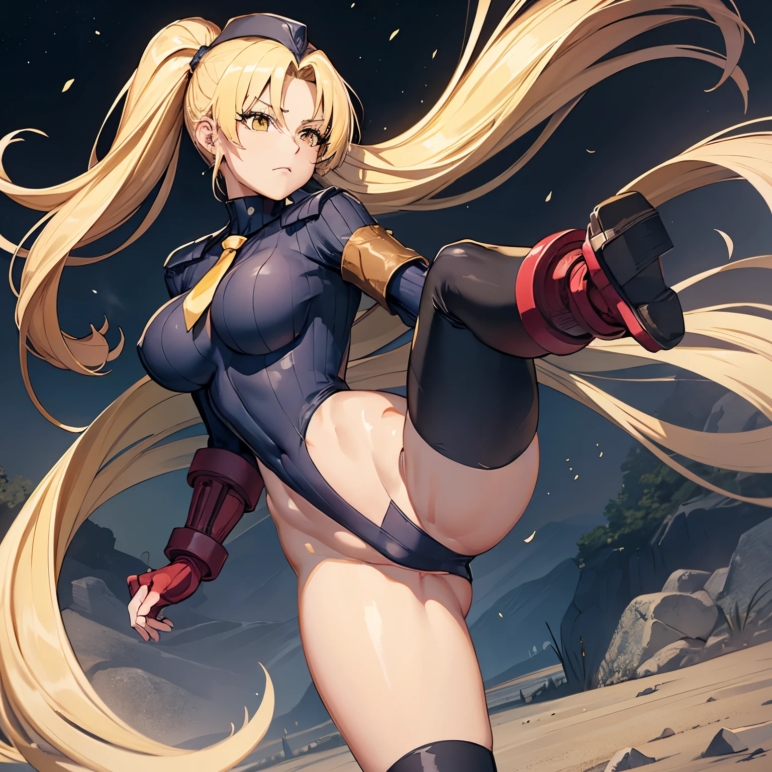 ultra-detailed, Explicit, Beautiful body, Beautiful Nose, Beautiful character design, perfect eyes, perfect face, ultra highres, 4K, beautiful legs, perfect legs, Nice hands, Perfect hand, Masterpiece, Best Quality, Highly detailed, illustration, absurdres, perfect anatomy, street fighter, doll suit, shadaloo doll, dollsuit, expressionless, blank eyes, looking at viewer, red gloves, emotionless, black latex, corrution, mind control, female combatant, full body, hypnotized, unhappy trance, full body suit, ribbed bodysuit, both arms at side, obey, perfect female body, extremely glossy latex, hypnosis, hypnoLora, empty eyes, Blank eyes, Mind control device, poses, submissive_pose, Slave, stand up straight, standing, standing at attention, hat, necktie, belt, latex, ribbed bodysuit, thighhighs, garter belt, Fighting Stance, extending the right arm from the shoulder into the air with a straightened hand, military, thigh boots, 1girl, hair ornaments, blonde hair, long hair, yellow eyes, (((pixel-perfect, detail-perfect))), solo, 1girl, Tendou Rushuna, Grenadier