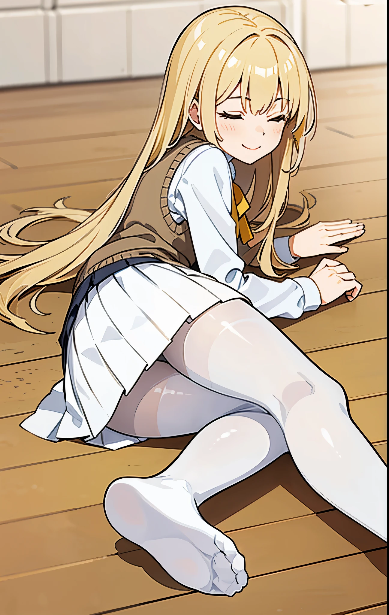 (masterpiece:1.2, best quality), (intricate details, depth of field), (1girl, solo), (flat chest:1.2), , highly-detailed, perfect face, (skindentation), yellow hair, blunt bang, long hair, closed eyes, smile, School uniform, vest sweater, pleated skirt, (Lying on stomach:1.2), (from behind:1.2), (laying on floor:1), white pantyhose, wooden floor, blurry background