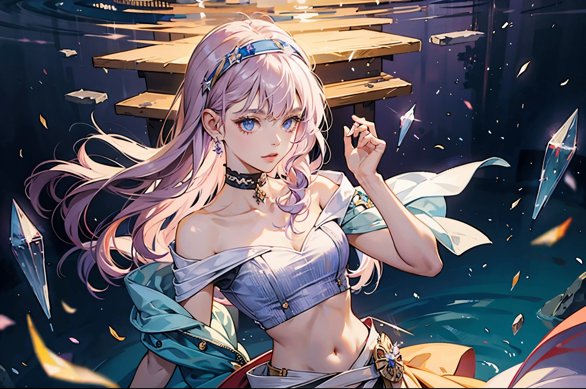 young girl, lilac hair, bangs tucked behind her ears, crystal headband on her hair, headband above her bangs, crystal headband, young girl, solo, one girl, look from above, daring, angle from below, waist-length hair, wavy hair, hands behind her back, girl walking, beautiful clothes, closed collarbones, open stomach, tattoo on the right arm, black tattoo