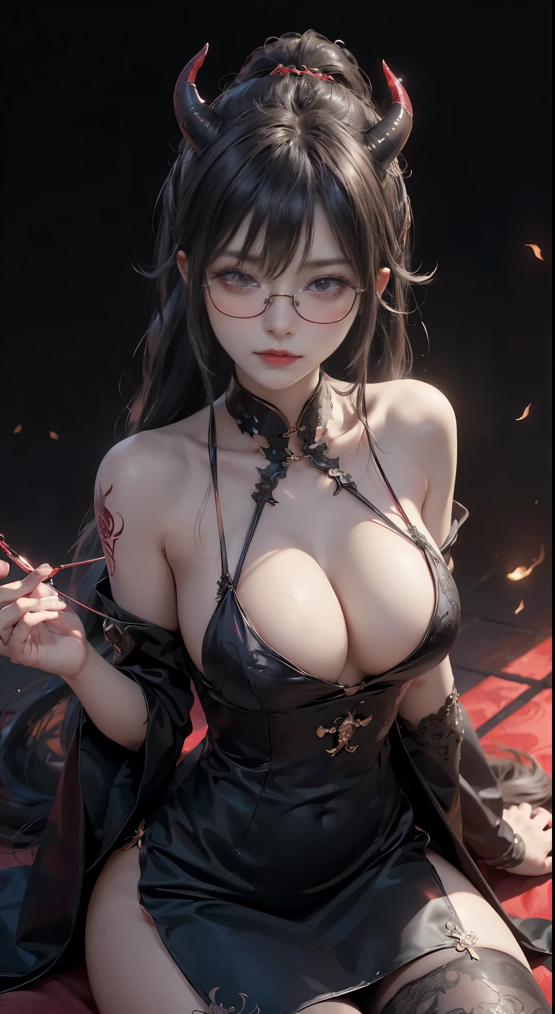 OKですかですか、(best illustrations)、8k UHD resolution、intricate details、highest quality、realistic、Super detailed、best lighting、best shadows、soft lighting、Ultra HD、超realistic、Tyndall effect、Photoreal、(high detail skin:1.2)、 (intricate details, compensate, face to face with the children_v1:0.5), (OK, beautiful and delicate face, OKですか, beautiful and delicate eyes, perfectly proportioned face, high resolution skins, fine skin, Optimal ratio of 4 fingers and 1 thumb, arm under chest, red tattoo on lower abdomen、wow wow, wide hips, smooth abdomen, thin and thin skin, __fashion__, __hair__:1.25)、Digital single-lens reflex camera、 absurd、地獄から来た美しいdevilの女性, Surreal female portraits by David Hockney and Alphonse Mucha, Portrait of a seductive woman、fantasy art, chinese doll、Chinese actress、dungeon、dragon、devil'Palace of、devil'torture chamber、night、dark style 、in the dark、(detailed spooky background:0.8), magic、 1 girl、evil nun、dark necromancer、Succubus、devil'Daughter of、Shinonome Umi、bat wings,(((devil'Horn)))、 ((((giant glasses, otaku glasses, thick glasses, round glasses)))),(((big breasts)))、(devil'tail)、(red eyesは光り輝いて:1.6)、red eyesは非常に鮮明で詳細です, your eyes are made up so beautifully, ((red eyes:1.0)),intricate tattoo, demonic intricate tattoo, Tattoo on the thigh, body tattoo, masterpiece、the most beautiful face、baby face、cute smile、beautiful plump red lips、muscular seductive body、devil'seductive body、devil style、Fascinating black magic costume、(((光沢のある赤い蛇が彼女body ofに巻き付いています)))、The long-haired、Braid、Black hair、Ponytail distortion、, Ponytail with a bow tied at the back of the hair, beautiful expression、body up、big breasts強調、bust, super tight chest, Breast augmentation surgery, The chest is very large and round,tight waist、wide ass、 secret key, cowboy lens, (Black Phoenix Dress: 1.0), devil crown, red sparkling gemstone necklace、Jewelry G Wise, Please wear black mesh socks,wearing a thin red and black robe, Hands pull the straps to expose sexy breasts, Protagonist Close-up, nffsw, nffsw, meet beautiful girls, looking at girl'body of,(upper body portrait), Protagonist Close-up