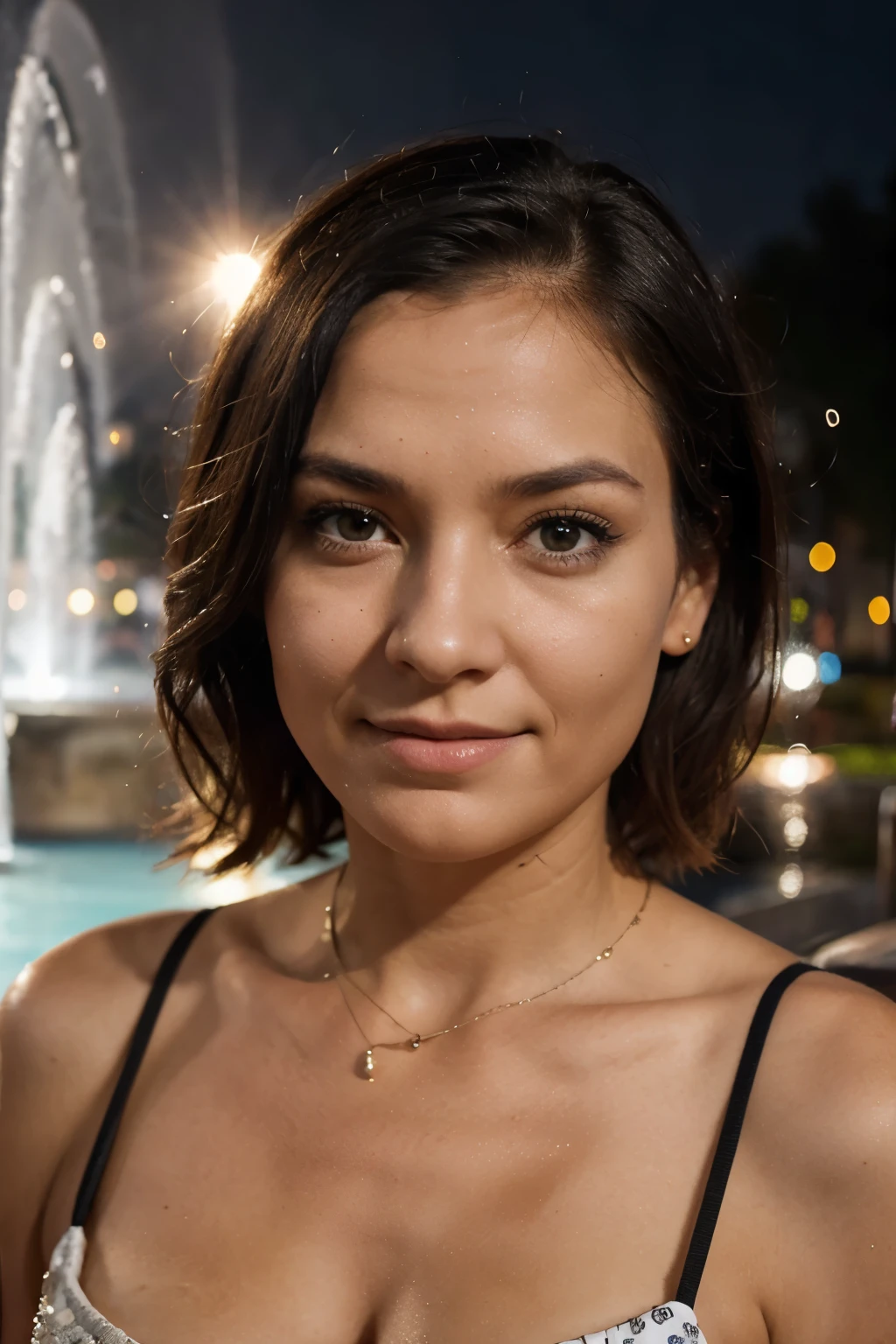 put this woman with wrinkles on her face. She is in a square in front of a fountain