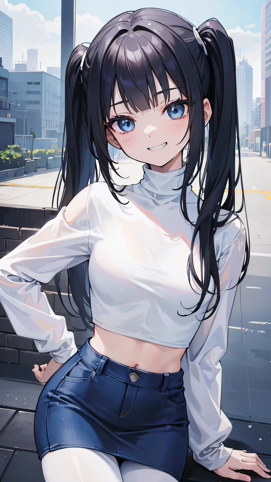 (8K、Highest image quality、highest quality、masterpiece)、detailed face、1 girl、black hair、Length to shoulder、twintails、blunt bangs、light blue eyes、evil smile、((grin))、tooth、small breasts、((white turtleneck))、long sleeve、((denim pencil skirt))、((micro miniskirt))、black pantyhose、Turn your butt、Take from below、city background