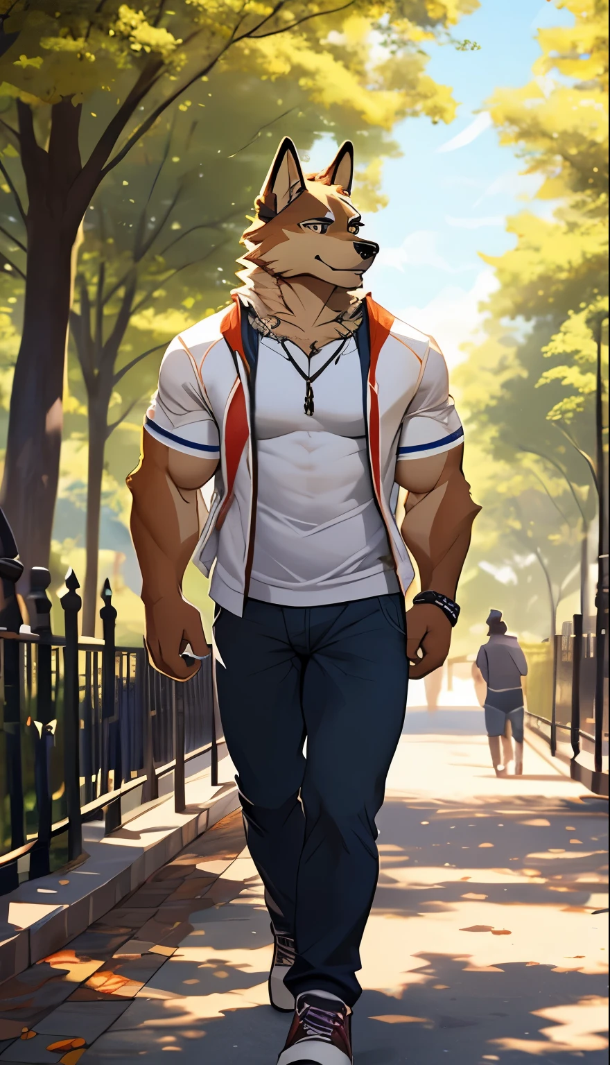 Pubrasser, dog, German sherperd furry dog, good looking, muscular, casual set, sunny, solo, male, fur, detailed, ultradetailed body, ultradetailed clothes, ultradetailed face, park background