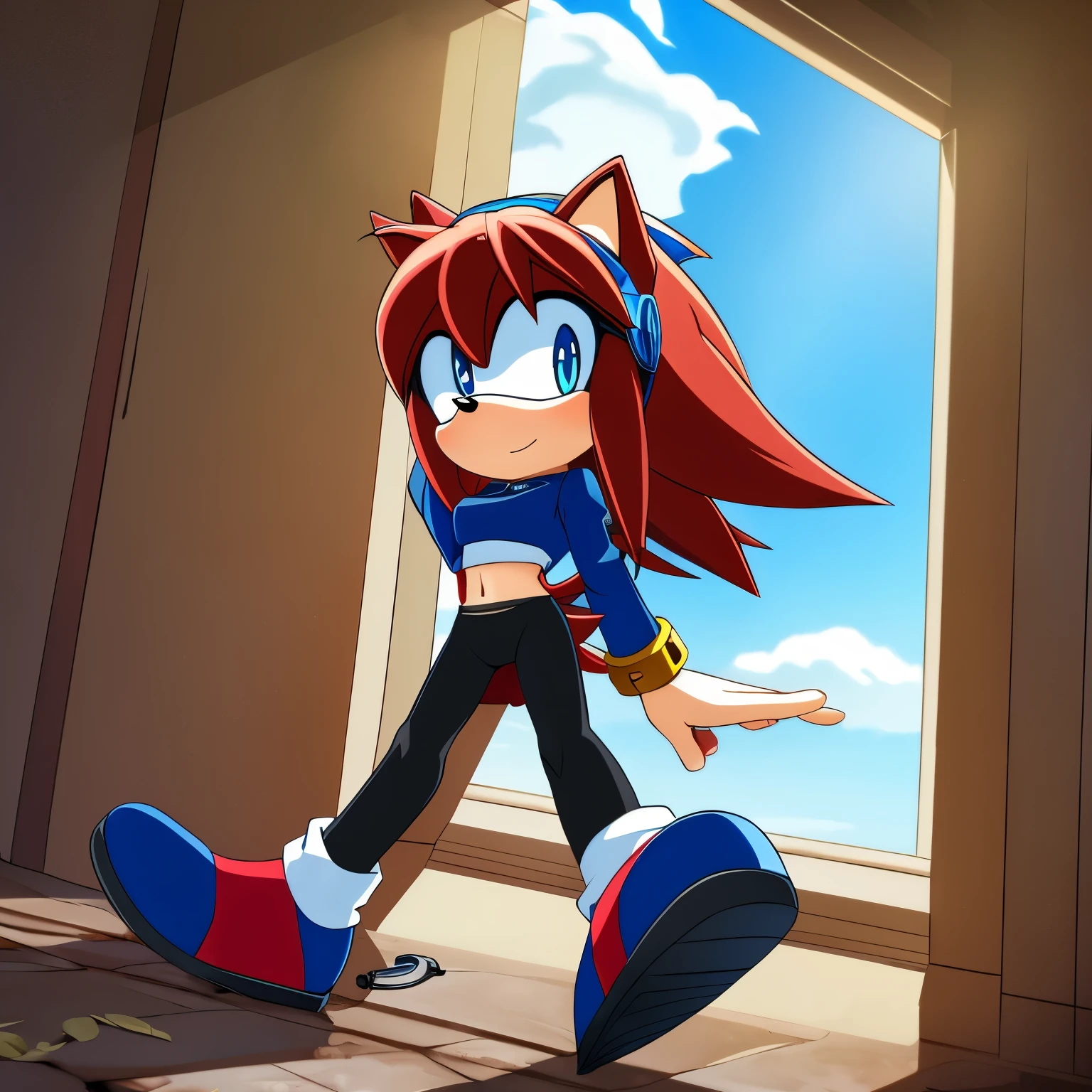Female, Mobian, Hedgehog, crimson red fur, blue eyes, blue crop top with boob window/key hole, long black sleeves, fingerless blue gloves with black cuffs, blue tights, black waistband, blue heeled sonic soap shoes, black goggles with blue lenses, ((very long wavy quills/hair)), hair bangs, ((solo)), ((1girl)), (2D Anime Style)