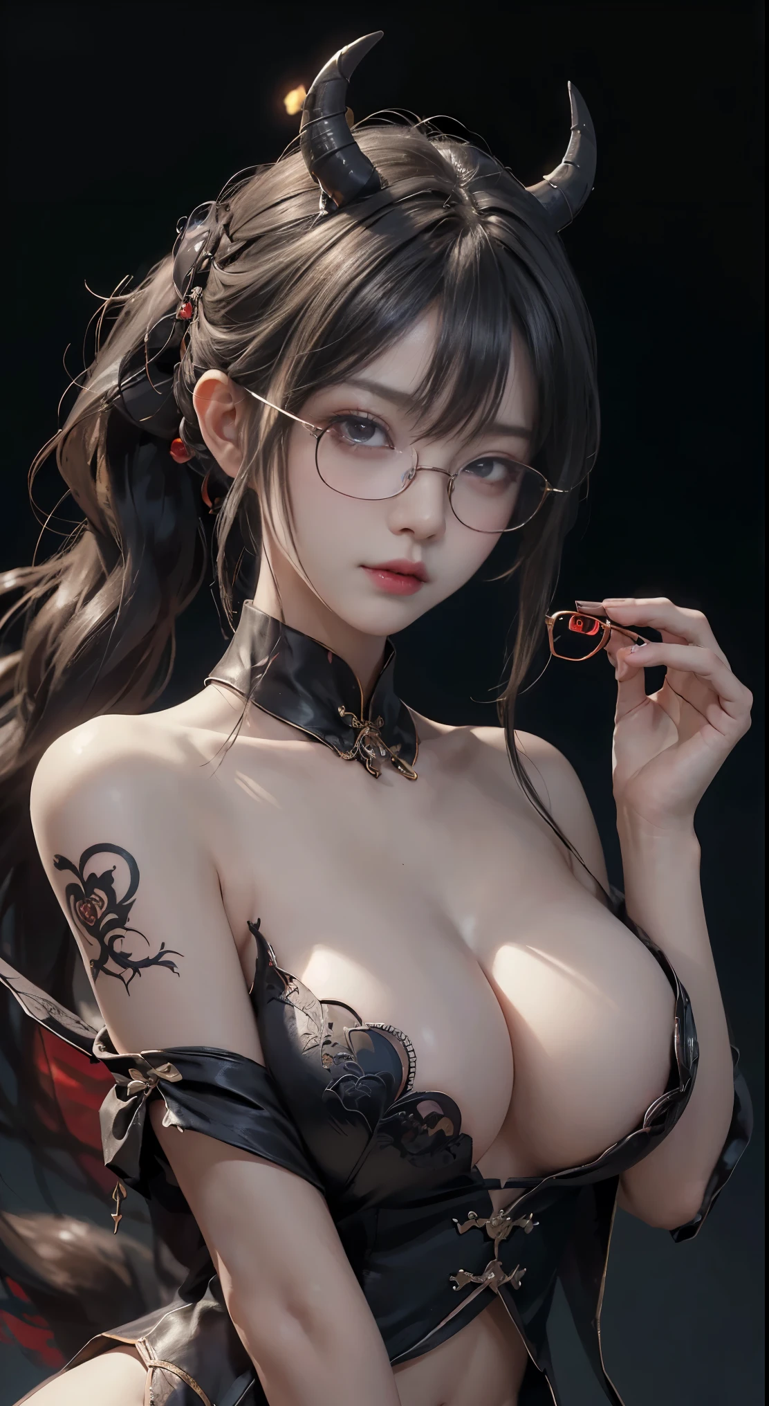 OKですかですか、(best illustrations)、8k UHD resolution、intricate details、highest quality、realistic、Super detailed、best lighting、best shadows、soft lighting、Ultra HD、超realistic、Tyndall effect、Photoreal、(high detail skin:1.2)、 (intricate details, compensate, face to face with the children_v1:0.5), (OK, beautiful and delicate face, OKですか, beautiful and delicate eyes, perfectly proportioned face, high resolution skins, fine skin, Optimal ratio of 4 fingers and 1 thumb, arm under chest, red tattoo on lower abdomen、wow wow, wide hips, smooth abdomen, thin and thin skin, __fashion__, __hair__:1.25)、Digital single-lens reflex camera、 absurd、地獄から来た美しいdevilの女性, Surreal female portraits by David Hockney and Alphonse Mucha, Portrait of a seductive woman、fantasy art, chinese doll、Chinese actress、dungeon、dragon、devil&#39;Palace of、devil&#39;torture chamber、night、dark style 、in the dark、(detailed spooky background:0.8), magic、 1 girl、evil nun、dark necromancer、Succubus、devil&#39;Daughter of、Shinonome Umi、bat wings，(((devil&#39;Horn)))、 ((((giant glasses, otaku glasses, thick glasses, round glasses)))),(((big breasts)))、(devil&#39;tail)、(red eyesは光り輝いて:1.6)、red eyesは非常に鮮明で詳細です, your eyes are made up so beautifully, ((red eyes:1.0)),intricate tattoo, demonic intricate tattoo, Tattoo on the thigh, body tattoo, masterpiece、the most beautiful face、baby face、cute smile、beautiful plump red lips、muscular seductive body、devil&#39;seductive body、devil style、Fascinating black magic costume、(((光沢のある赤い蛇が彼女body ofに巻き付いています)))、The long-haired、Braid、Black hair、Ponytail distortion、, Ponytail with a bow tied at the back of the hair, beautiful expression、body up、big breasts強調、bust,  super tight chest, Breast augmentation surgery, The chest is very large and round,tight waist、wide ass、 secret key, cowboy lens, (Black Phoenix Dress: 1.0),  devil crown,  red sparkling gemstone necklace、Jewelry G Wise,  Please wear black mesh socks,wearing a thin red and black robe, Hands pull the straps to expose sexy breasts, Protagonist Close-up, nffsw, nffsw, meet beautiful girls, looking at girl&#39;body of,(upper body portrait), Protagonist Close-up