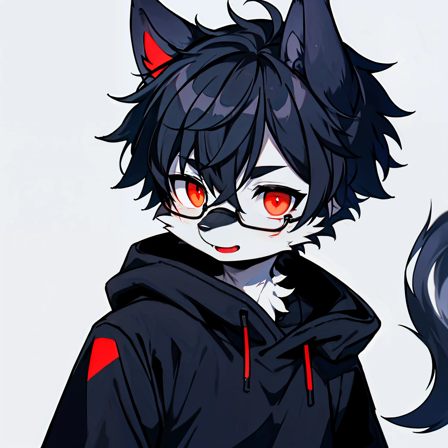 Upload to e621，A furry boy，solo，（gray fur），（gray face），gray skin，Full Body Furry，wearing glasses、black hair，Dark gray elements on fur，red-black heterochromia，Luminous T-shirt，blood red background，Blood elements on clothes，beautiful light and shadow，ambient light，superfine fur，Volumetric light，Head focus，facial focus，He was holding a knife in his hand，crazy expression