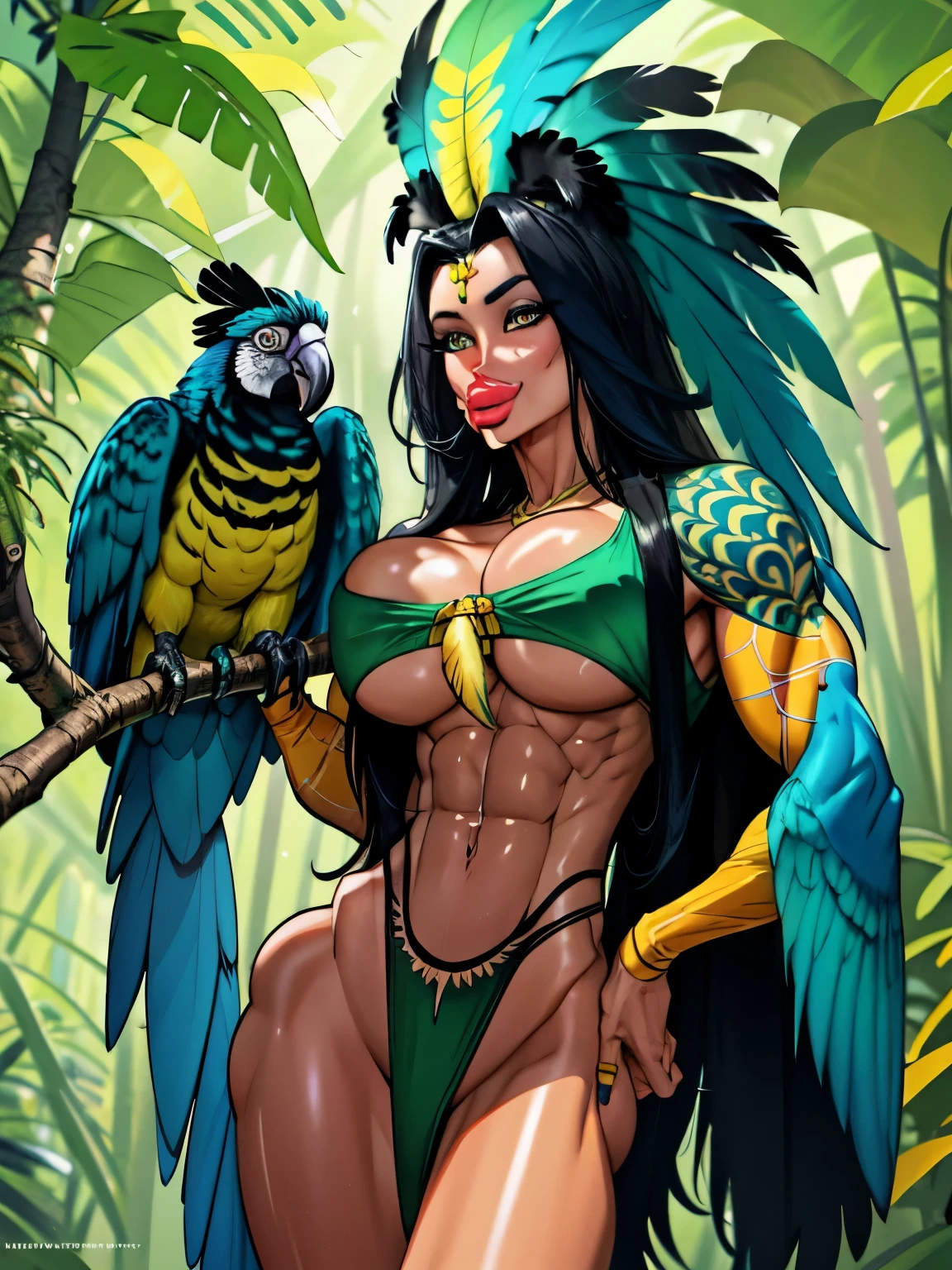 Wild Xavante India, ((extreme tanned skin)), extreme long black straight hair messes over naked ,a bit muscular, huge macaw blue parrot ((feather headdress)), medium breast, athletic built, long legs, curvy, big parrot feather cover , breast painted blue and yellow, indigenous yellow and green facial painting, huge macaw blue parrot feather necklace, honey eyes,tall body, ((medium thigh))(((masterpiece))