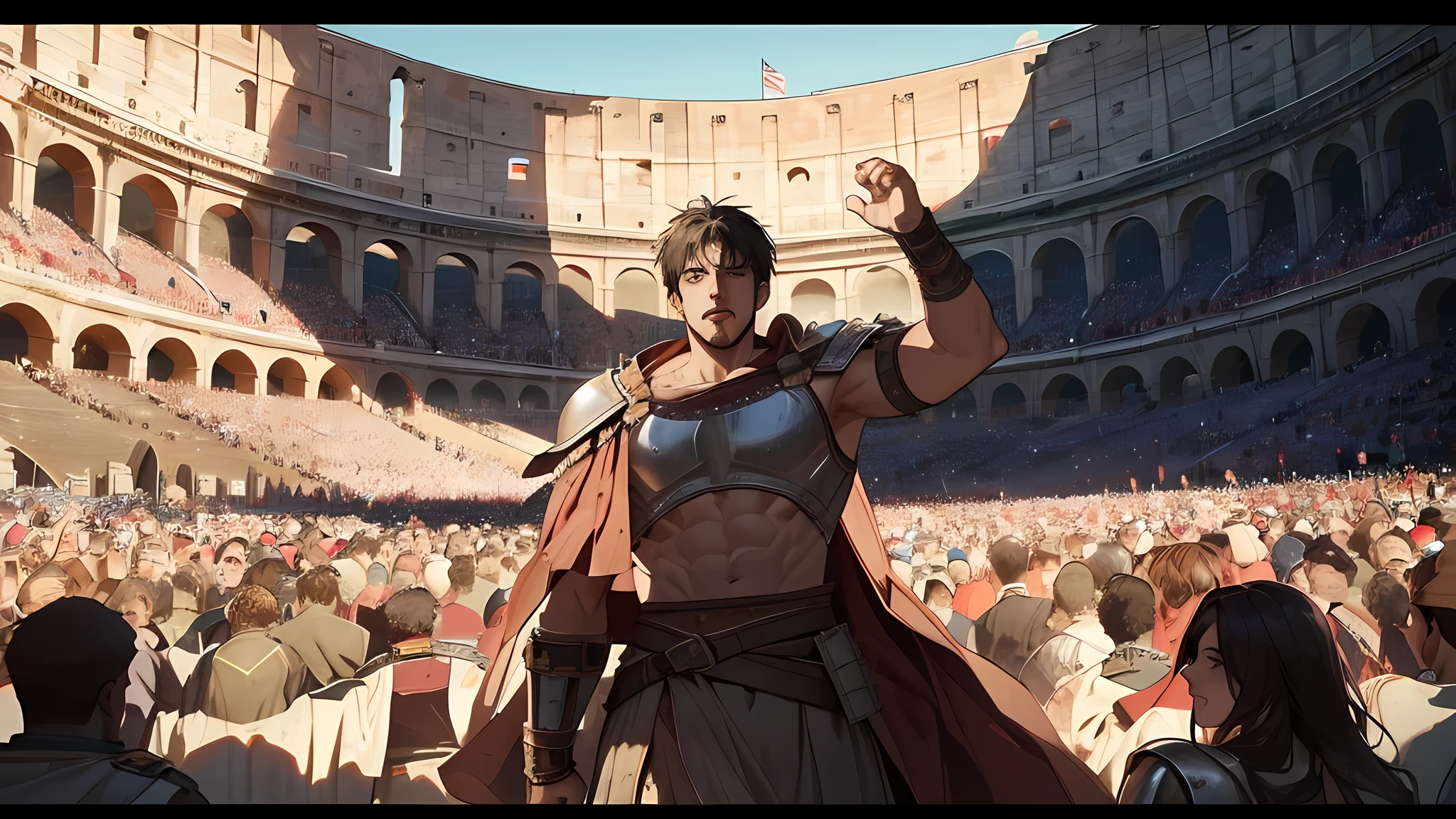 Mighty gladiator, the loser died in his feet, there is lifeless body near him, lifelike depiction, 4K resolution. Background: Roman colosseum filled with cheering crowd.,32k uhd, best quality, masterpiece, super detail, high details