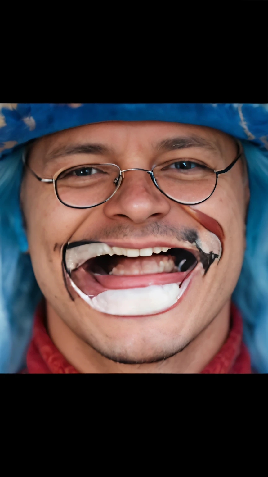 (masterpiece), (realistic), (ultra detailed), ( high reest quality), (photorealistic), (perfect face), (perfect anatomy),((( man)), ((male)), solo, (((35 years old))), buggy from one piece, buggy, one piece, potrait of buggy from one piece, blue hair, long hair, (((his mouth opened in wide laughter))), crazy detail, realistic, professional photography, 8k UHD, SLR camera, soft lighting, high quality, film grain, Fujifilm XT3, (detailed face and eyes), (face: 1 2), noise, extra, detailed skin, ,