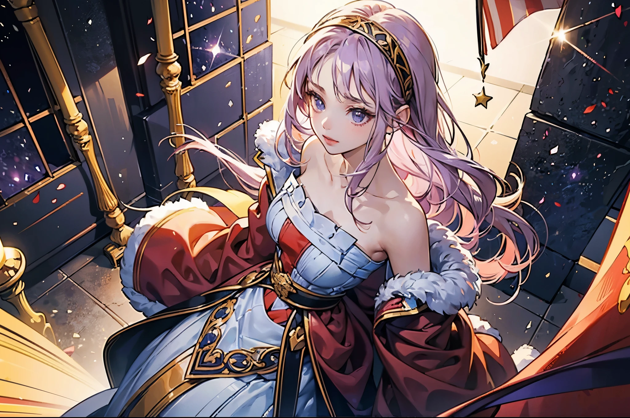 young girl, lilac hair, bangs tucked behind her ears, crystal headband on her hair, headband above her bangs, crystal headband, young girl, solo, one girl, look from above, daring, angle from below, waist-length hair, wavy hair, hands behind her back, girl walking, beautiful clothes, closed collarbones, open stomach,standing straight, body straight, looking down from above, angle from below, camera from below, warm light, light from behind, background flags, red flags, face straight, standing straight, body straight, looking up from below, camera from below, warm light, light from behind, background flags, red flags, face straight, girl sitting on a throne, golden throne, purple pillow