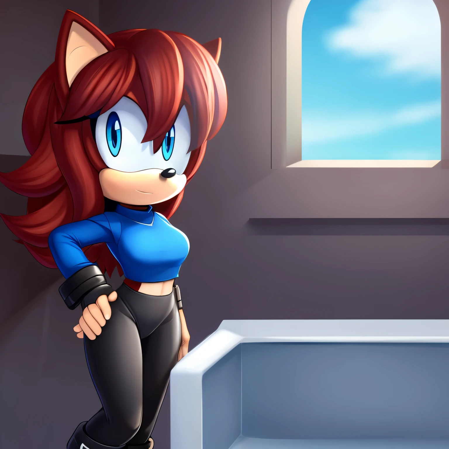 Female, Mobian, Hedgehog, crimson red fur, blue eyes, blue crop top with boob window/key hole, long black sleeves, fingerless blue gloves with black cuffs, blue tights, black waistband, blue heeled sonic soap shoes, black goggles with blue lenses, ((very long wavy quills/hair)), hair bangs, ((solo)), ((1girl)), one hand on hip