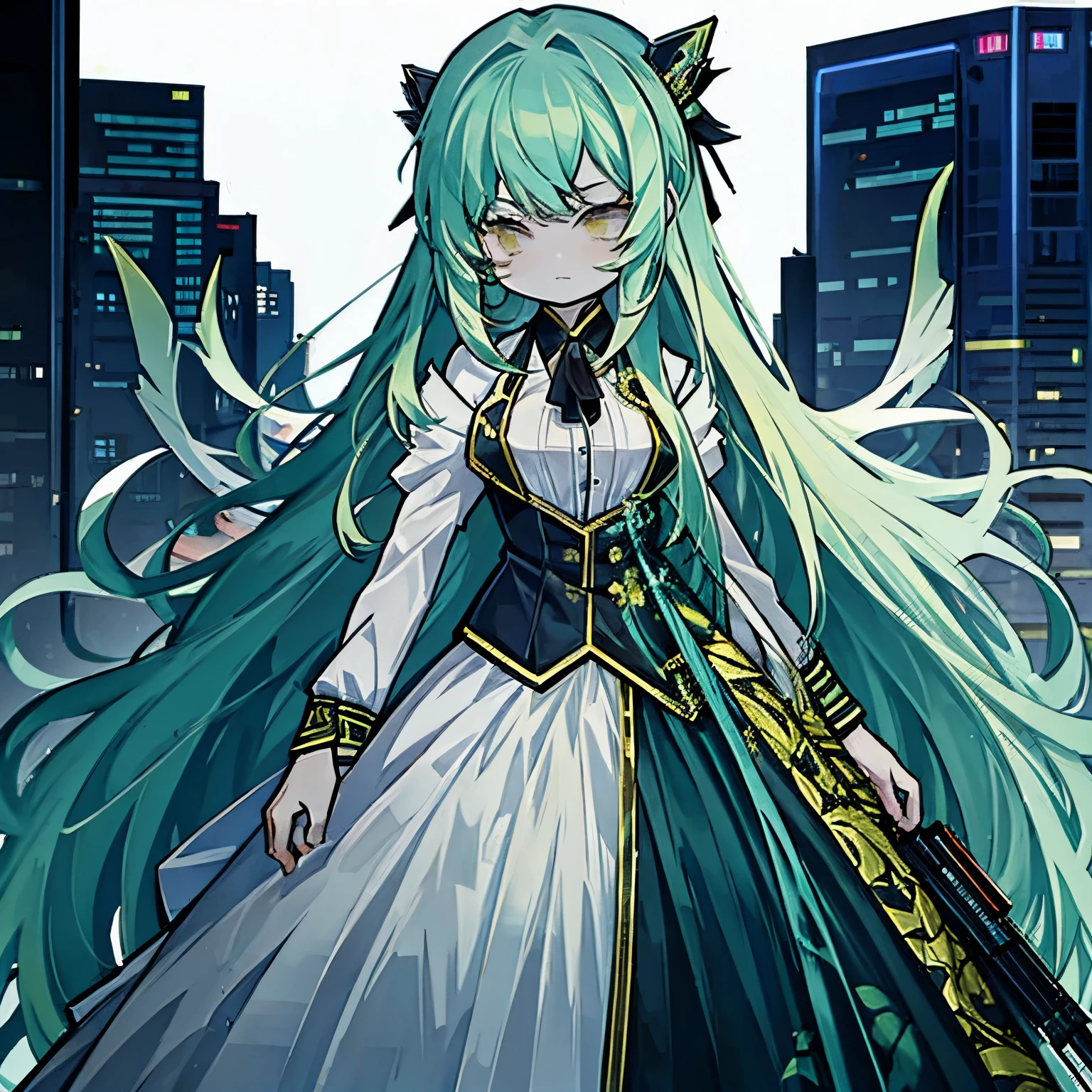 long green hair yellow eyes suit