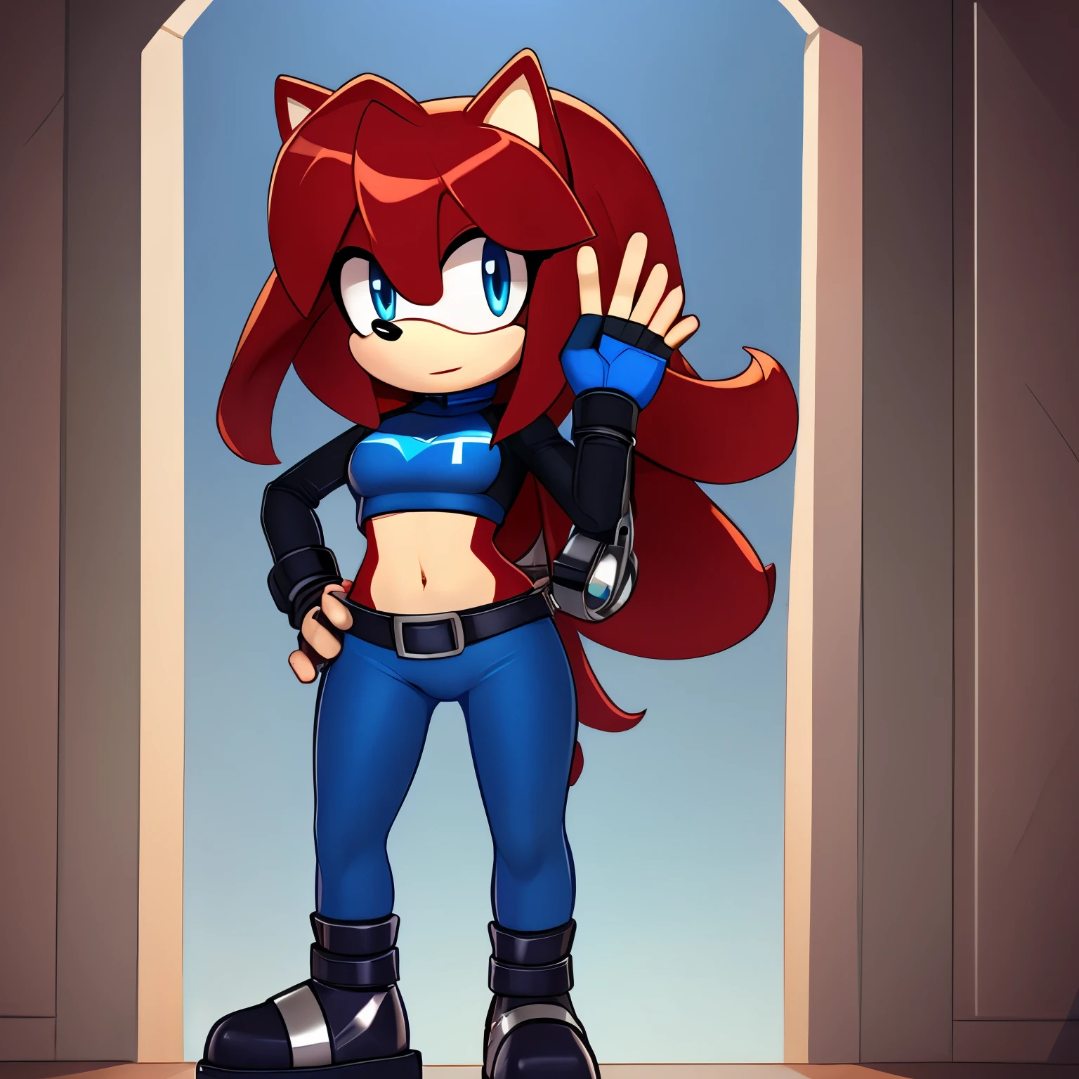 Female, Mobian, Hedgehog, crimson red fur, blue eyes, blue crop top with boob window/key hole, long black sleeves, fingerless blue gloves with black cuffs, blue tights, black waistband, blue heeled sonic soap shoes, black goggles with blue lenses, ((very long wavy quills/hair)), hair bangs, ((solo)), ((1girl)), one hand on hip