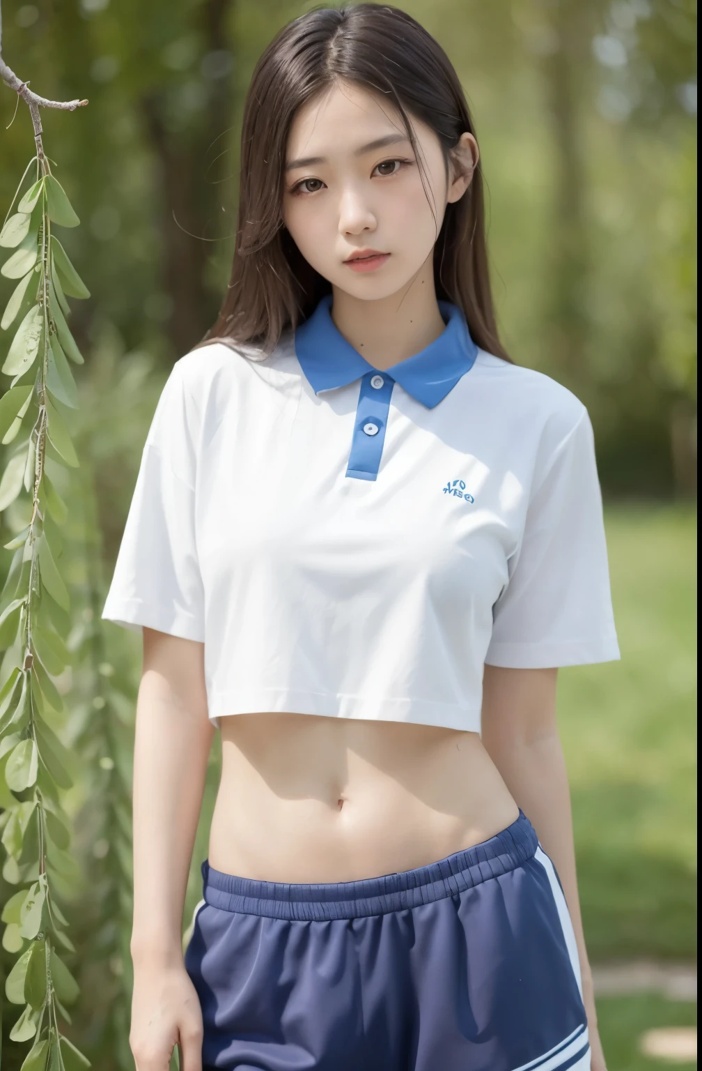 1girll, 独奏, White polo shirt, White sneakers, tennis wear, white mini-skirt, tmasterpiece, Best quality at best, realisticlying, ultra - detailed, (shiny skins, perspired:1.4), looking at viewert, with short black hair, with brown eye,slenderness,Dynamic light and shadow,A high resolution,Sharp focus,depth of fields,The eyes are delicate,Sharp pupils,pupil realistic,(smallunderboob:1.3),(Thigh thick:1.0),exteriors,Skysky