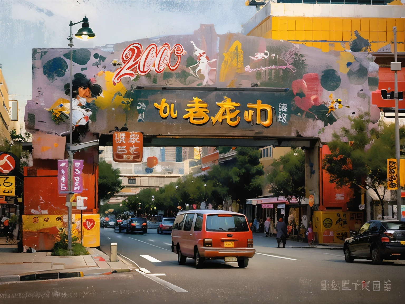 Alaphes and cars driving on the street under the Chinese archway, Celebrating Chinese New Year in Shanghai, baotou china, ruanjia, Chiba Yudai, Since 2001, Guangjian, nanquan, Hungry Ghost Festival, Li Zixin, Chinese style, Street trees on both sides of the road with commercial banners,street lamp