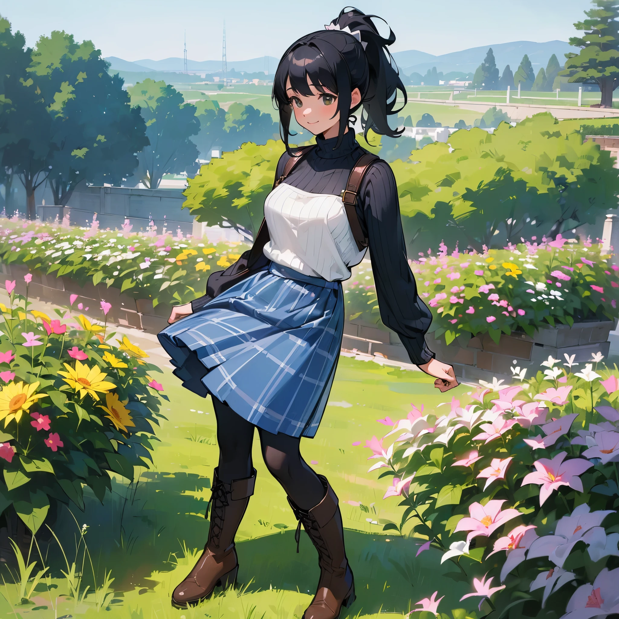 (high quality, high resolution, Super detailed, Reality:1.37), peaceful atmosphere, (outdoor, garden), Teenage girl standing alone, (My breasts are big.), Beautiful detailed features, cute smile, (black hair ponytail), ribbed sweater, blue plaid skirt, Black tights, brown boots.