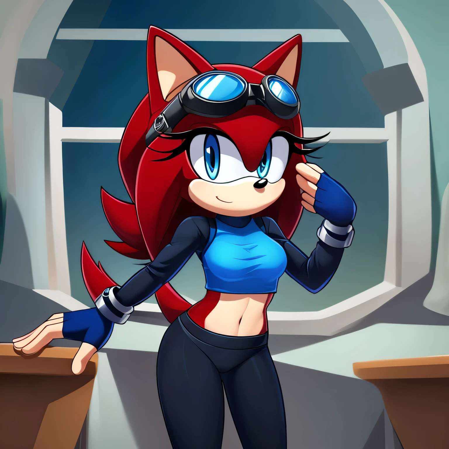 Female, Mobian, Hedgehog, crimson red fur, blue eyes, blue crop top with boob window, long black sleeves, fingerless blue gloves with black cuffs, blue tights, black waistband, blue heeled sonic soap shoes, black goggles with blue lenses, very long wavy quills, ((solo)), ((1girl))