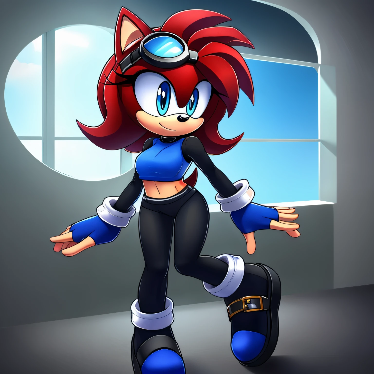 Female, Mobian, Hedgehog, crimson red fur, blue eyes, blue crop top with boob window, long black sleeves, fingerless blue gloves with black cuffs, blue tights, black waistband, blue heeled sonic soap shoes, black goggles with blue lenses, very long wavy quills, ((solo)), ((1girl))