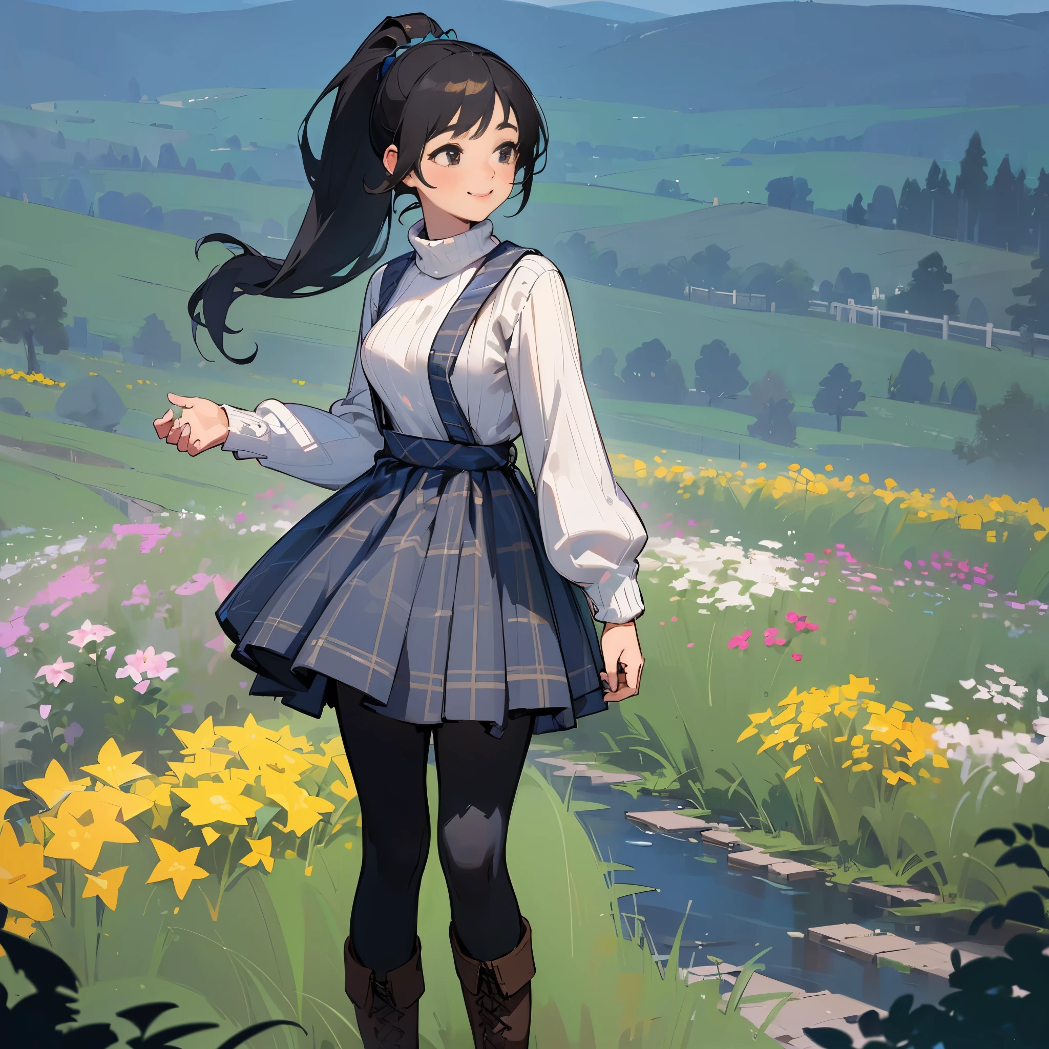 (high quality, high resolution, Super detailed, Reality:1.37), peaceful atmosphere, (outdoor, garden), Teenage girl standing alone, (My breasts are big.), Beautiful detailed features, cute smile, (black hair ponytail), ribbed sweater, blue plaid skirt, Black tights, brown boots.