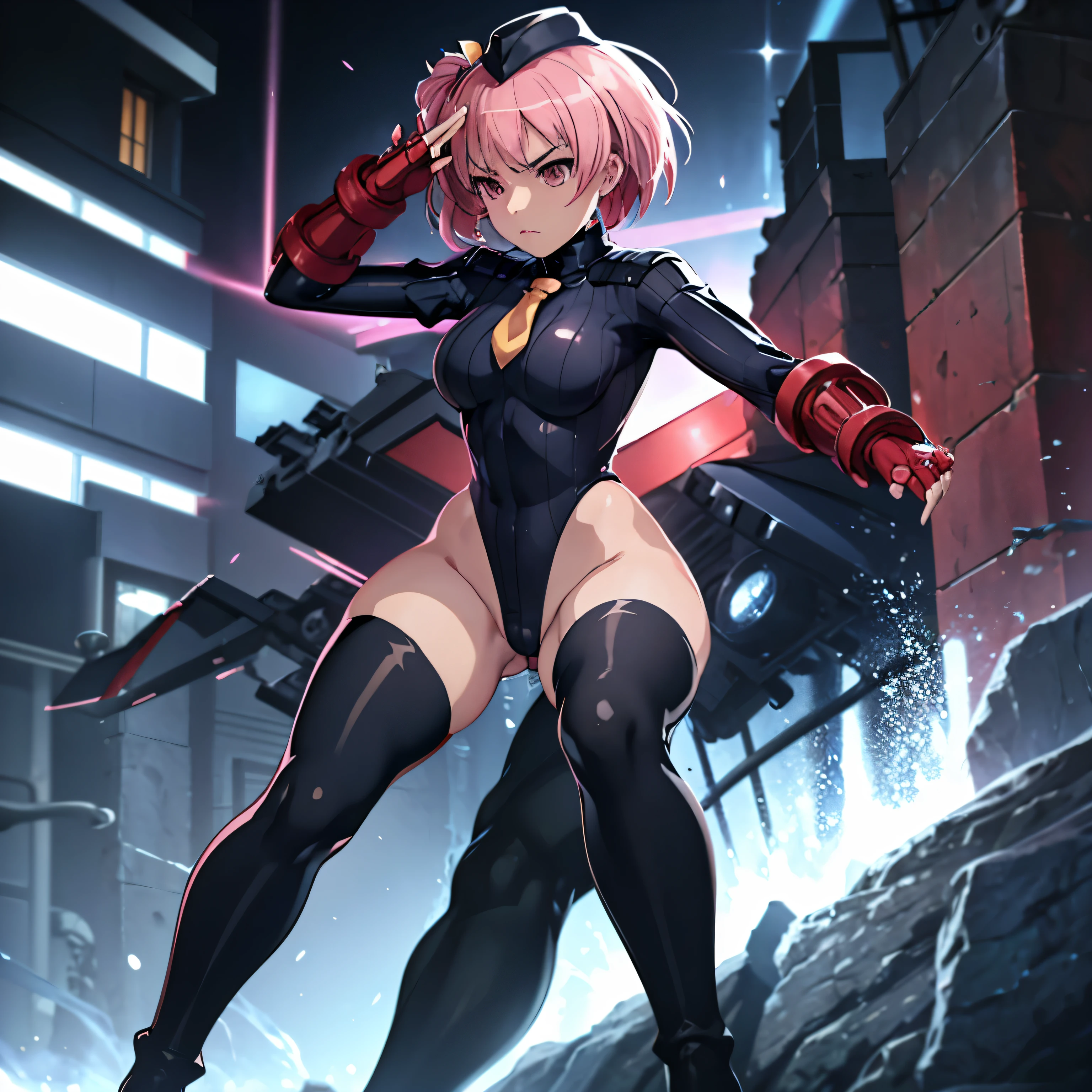 Very detailed, clear, beautiful body, Beautiful nose, Beautiful character design, perfect eyes, perfect face, very high, 4k, Beautiful legs, perfect legs, good hand, perfect hand, Masterpiece, best quality, haveรายละเอียดสูง, illustration, nonsense, perfect anatomy, street fighter, doll set, Chadaloo Doll, doll set, expressionless, empty eyes, look at viewer, red gloves, Emotionless, black Latex, corruption, mind control, female warrior, full body, hypnotized, ความมึนงงที่ไม่haveความสุข, full body suit, Ribbed bodysuit, Both arms are at the sides., obey, perfect woman's body, extremely glossy Latex, hypnosis, Hipnolora, empty eyes, empty eyes, mind control device, Poses, give up_Pose, slave, standตัวตรง, stand, stand at attention, have, necktie, belt, Latex, Ribbed bodysuit, thigh high, garter belt, fighting posture, Extend your right arm away from your shoulder into the air with your hand straight., soldier, thigh boots, 1 girl, hair accessories, pink hair, short hair, pink eyes, (((Pixel Perfect, perfect detail))), alone, 1 girl, Riri Hitotsuyanagi, Attack Lily