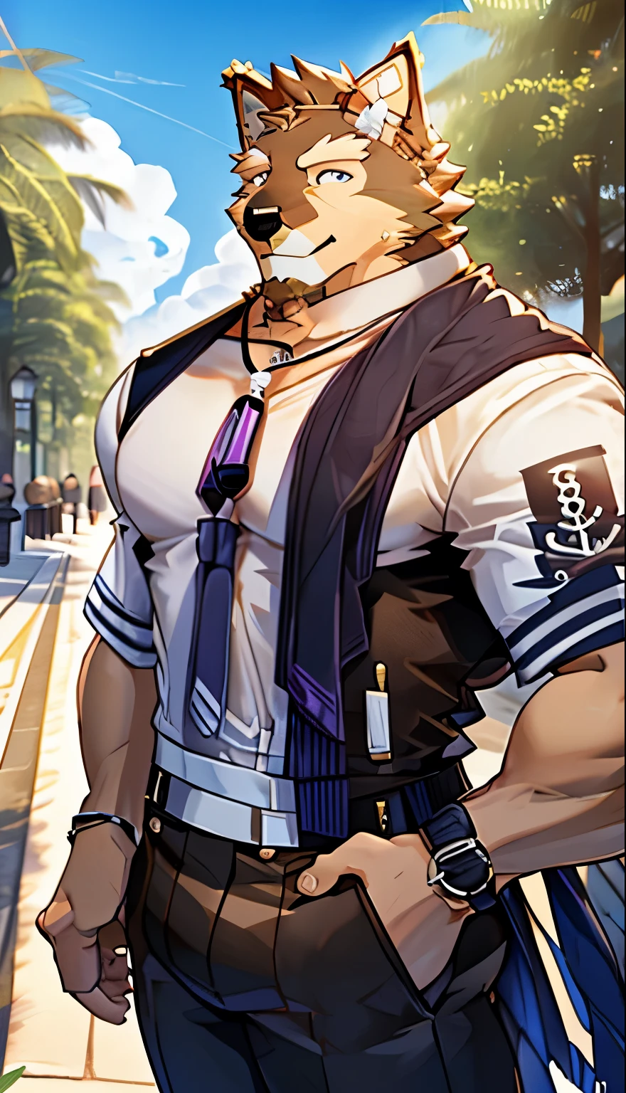 Pubrasser, dog, good looking, muscular, casual set, sunny, solo, male, fur, detailed, ((ultradetailed body)), ((ultradetailed clothes)), ((ultradetailed face)), park background, ((ultradetailed background)), smiling, looking at viewer