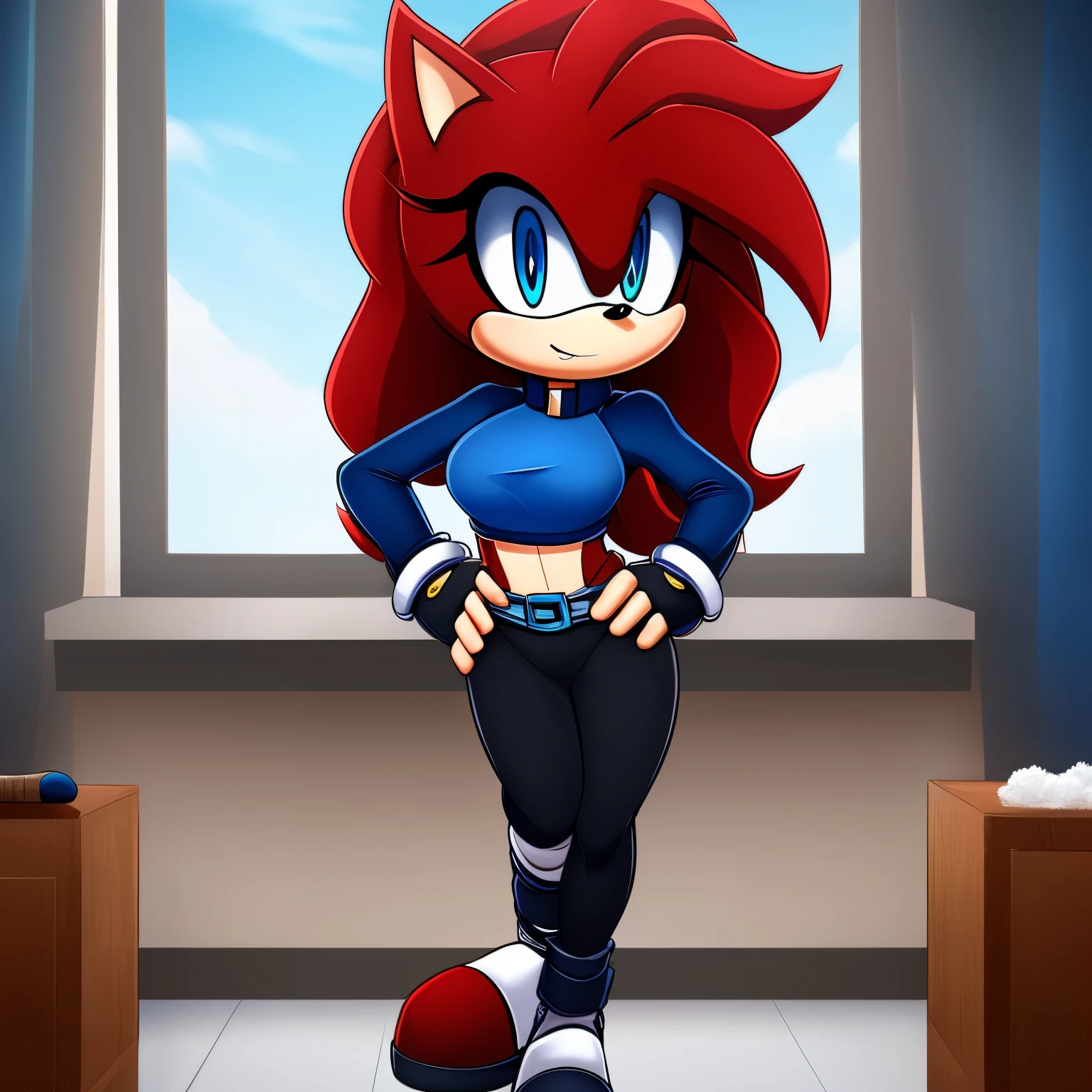 Female, Mobian, Hedgehog, crimson red fur, blue eyes, blue crop top with boob window, long black sleeves, fingerless blue gloves with black cuffs, blue tights, black waistband, blue heeled sonic soap shoes, black goggles with blue lenses, (very long wavy quills), ((solo)), ((1girl)), confident expression, one hand on hip