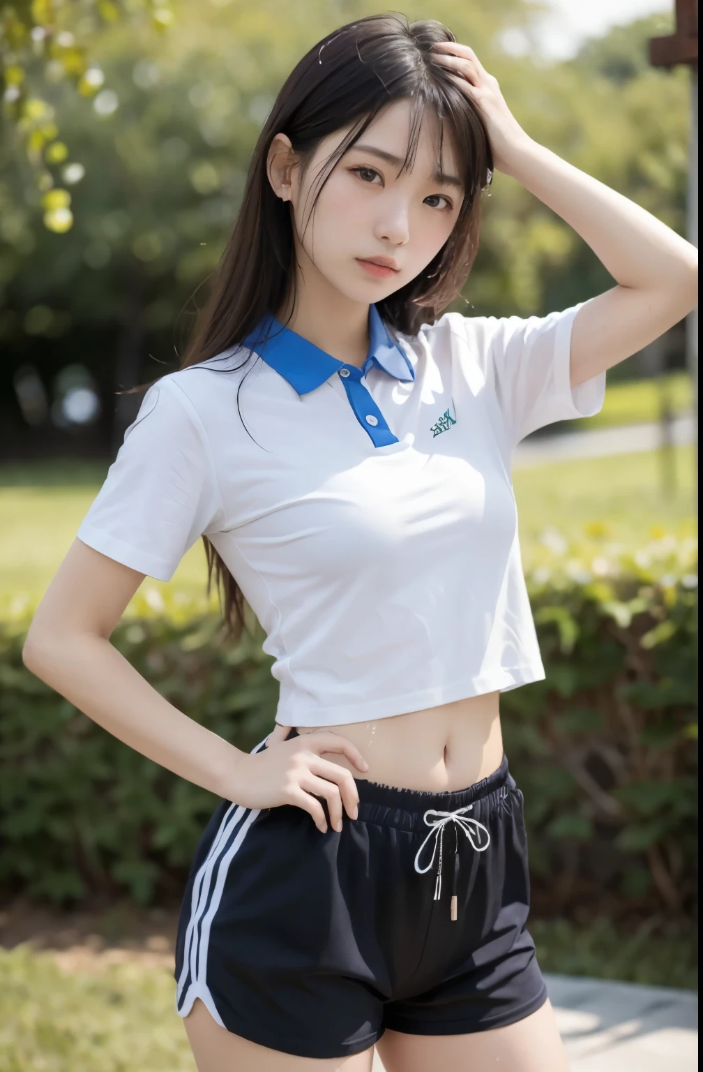 best quality, masterpiece, ultra high resolution, original photo, (lifelike:1.4), 1 girl, Detailed face, cowboy shooting, exist (Blue collar white shirt, Blue sport shorts),big breasts, Raised nipples, Unbuttoned clothes,split,(Willow Yao:1.2), long hair, exist the library, Bokeh, beautiful lightexistg, model posexistg有粘稠液体从腿内侧流下, The front of the pants is soaked, The small slit below is recessed, Water leaked from the small slit and soaked the underwear, Pubic hair exposed