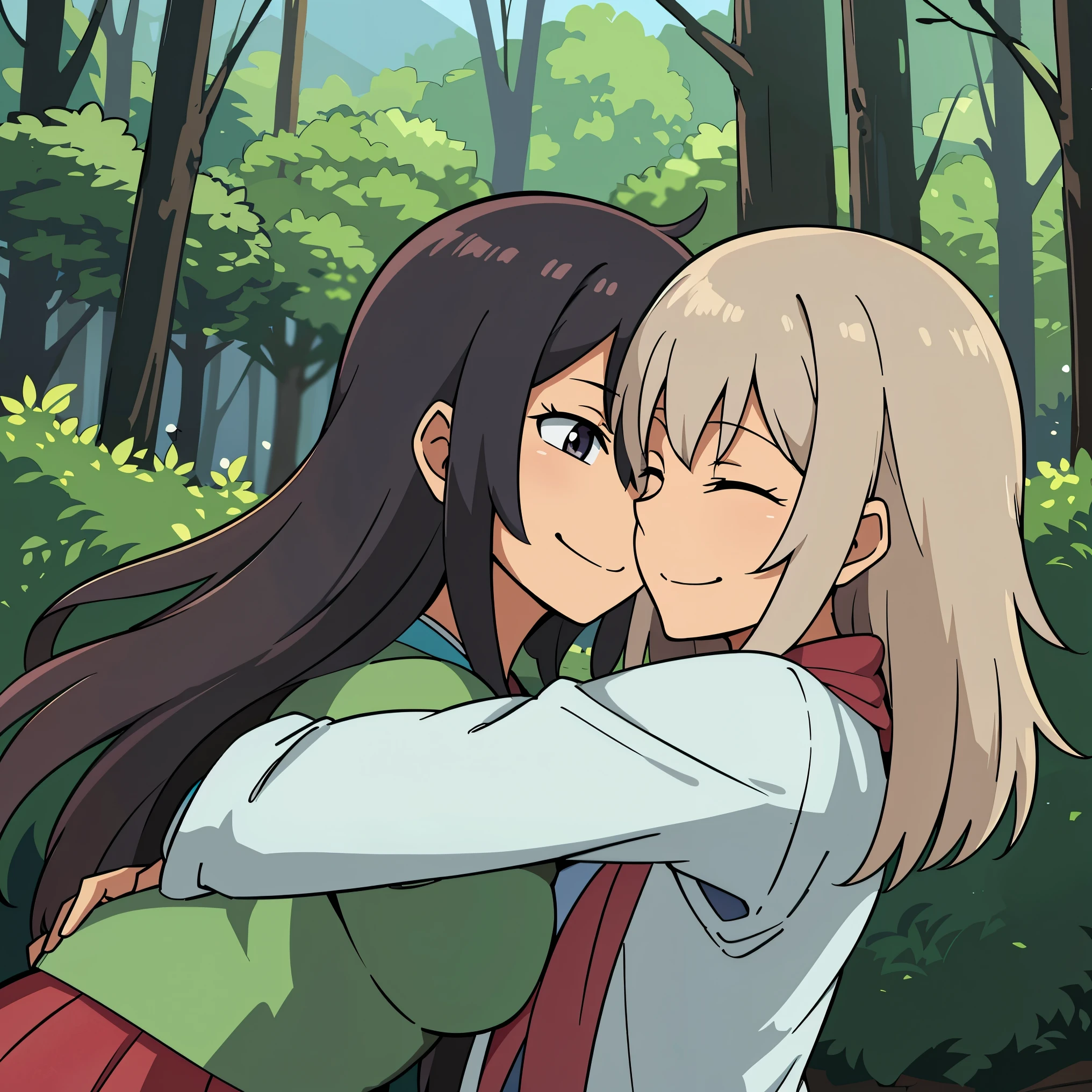 Anime illustration of a harem of anime girls in camp outfits this. In a forest and they hug and smile in a perverted way 