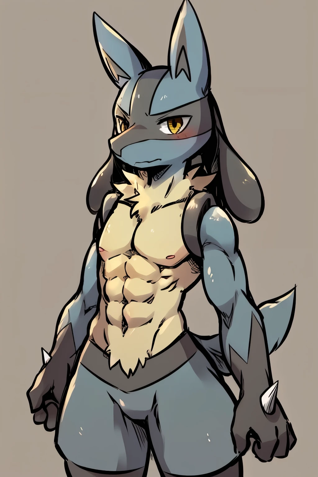 highest quality), (masterpiece), (((single))), (Super detailed), (furry), Full Body furry, furry, (男性lucario: 1.5), (black skin: 1.3), (black fur: 1.3), character focus, (yellow eyes), ((Humanoid Hand)), ((knowledgeable person)), (black ears), sharp focus, (furry Feeling of Animal Ears), lucario, ((lucario Style)), lucario, lucarioについて, muscular body, young, topless, abs.