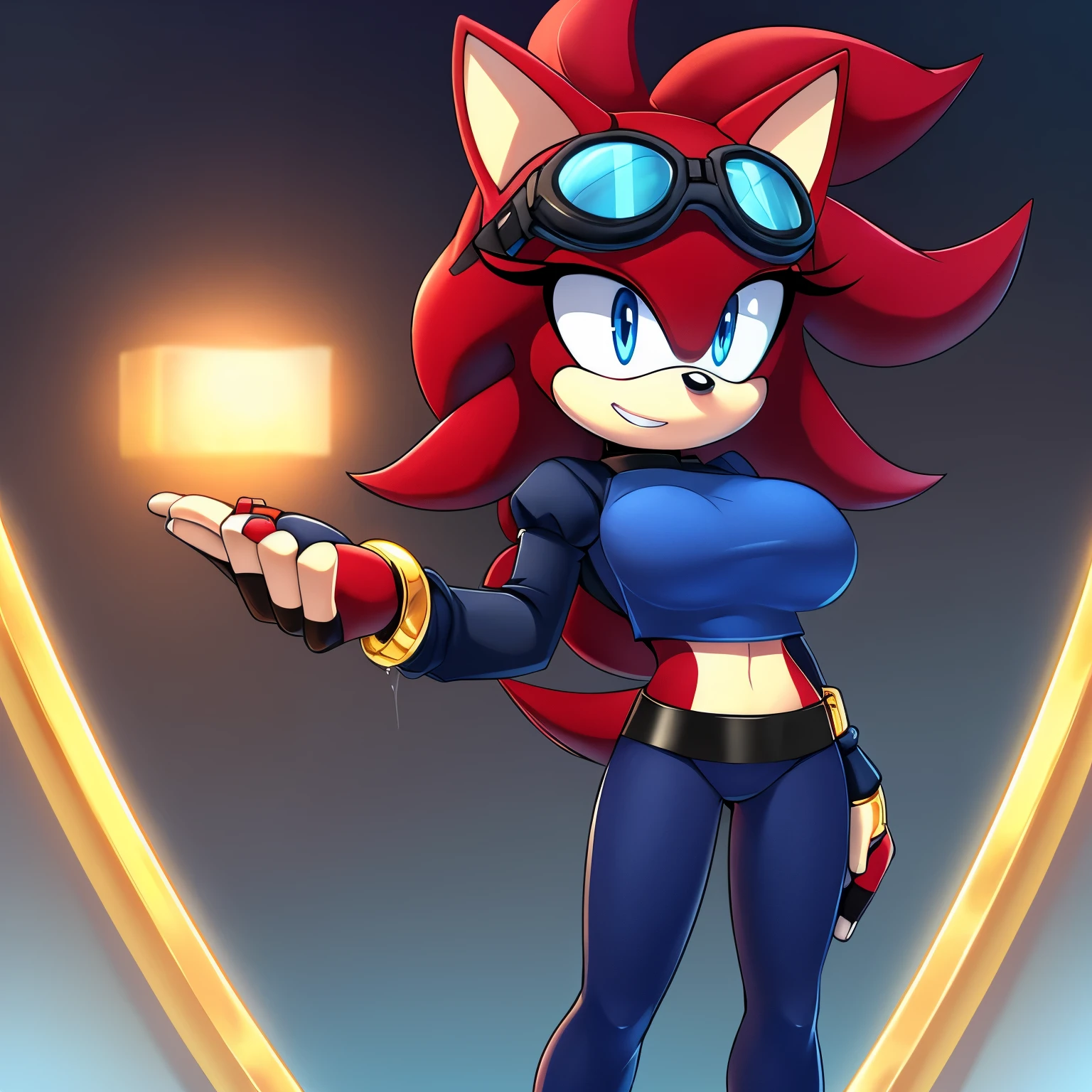 Female, Mobian, Hedgehog, crimson red fur, blue eyes, blue crop top with boob window, long black sleeves, fingerless blue gloves with black cuffs, blue tights, black waistband, blue heeled sonic soap shoes, black goggles with blue lenses, (very long wavy quills), ((solo)), ((1girl)), confident expression, one hand holding a large gold ring