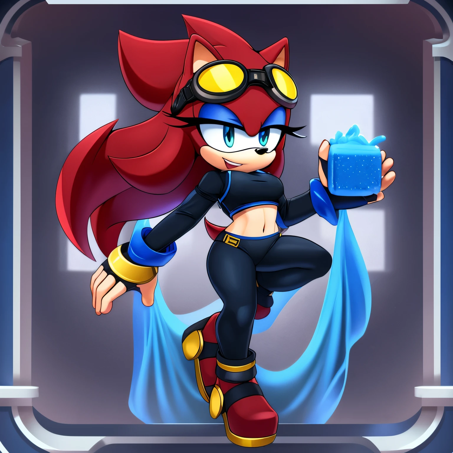 Female, Mobian, Hedgehog, crimson red fur, blue eyes, blue crop top with boob window, long black sleeves, fingerless blue gloves with black cuffs, blue tights, black waistband, blue heeled sonic soap shoes, black goggles with blue lenses, (very long wavy quills), ((solo)), ((1girl)), confident expression, one hand holding a large gold ring