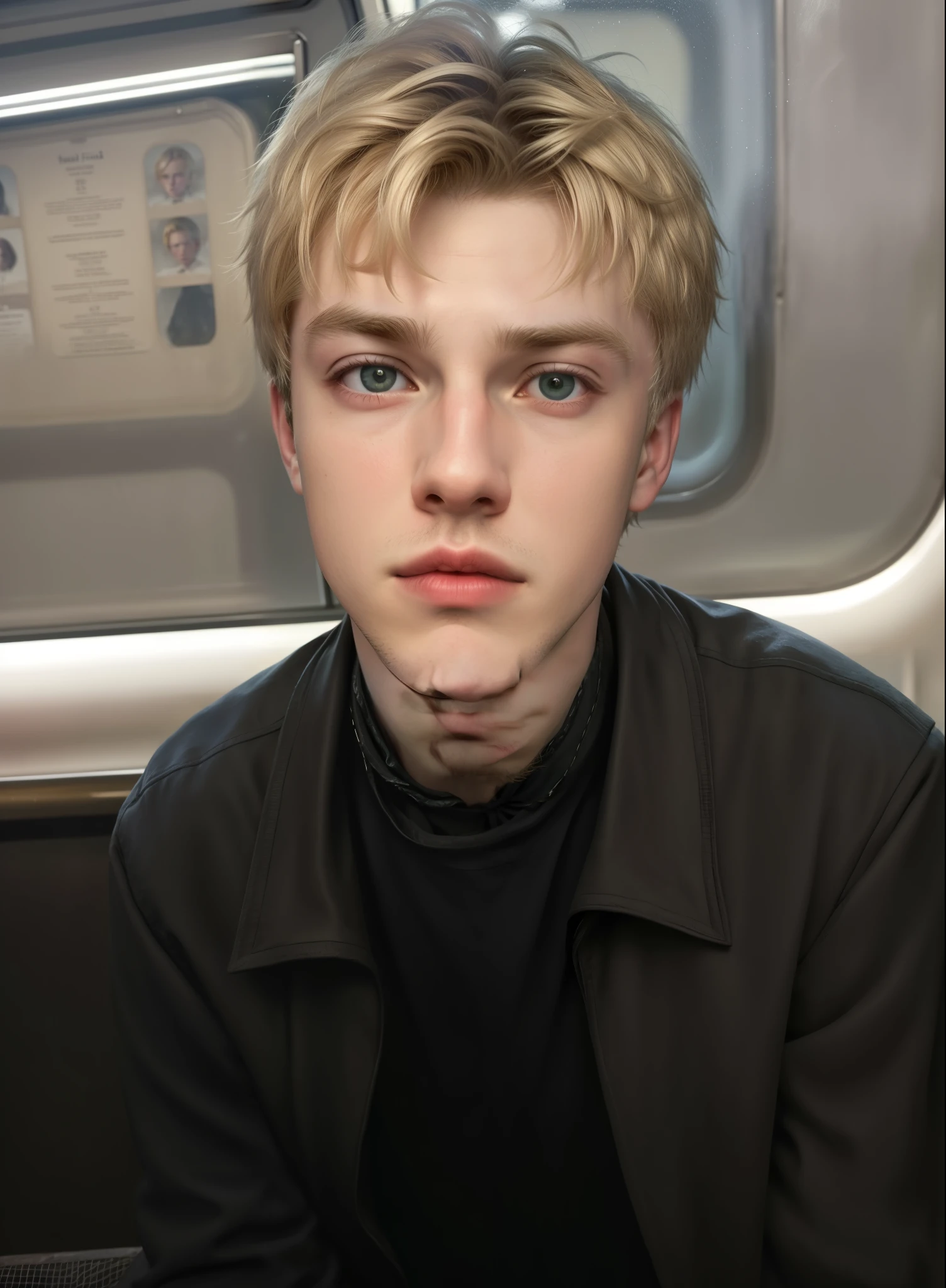 hombre arafed sentado en un tren mirando por la ventana, hoja de anato finn. caras perfectas, estilo de seb mckinnon, hermoso rostro, pablo atreides, buena cara, elliot alderson, perfect hermoso rostro, Par David, harsh buena cara, solo portrait 🎨🖌️, similar a malfoy, joel fletcher